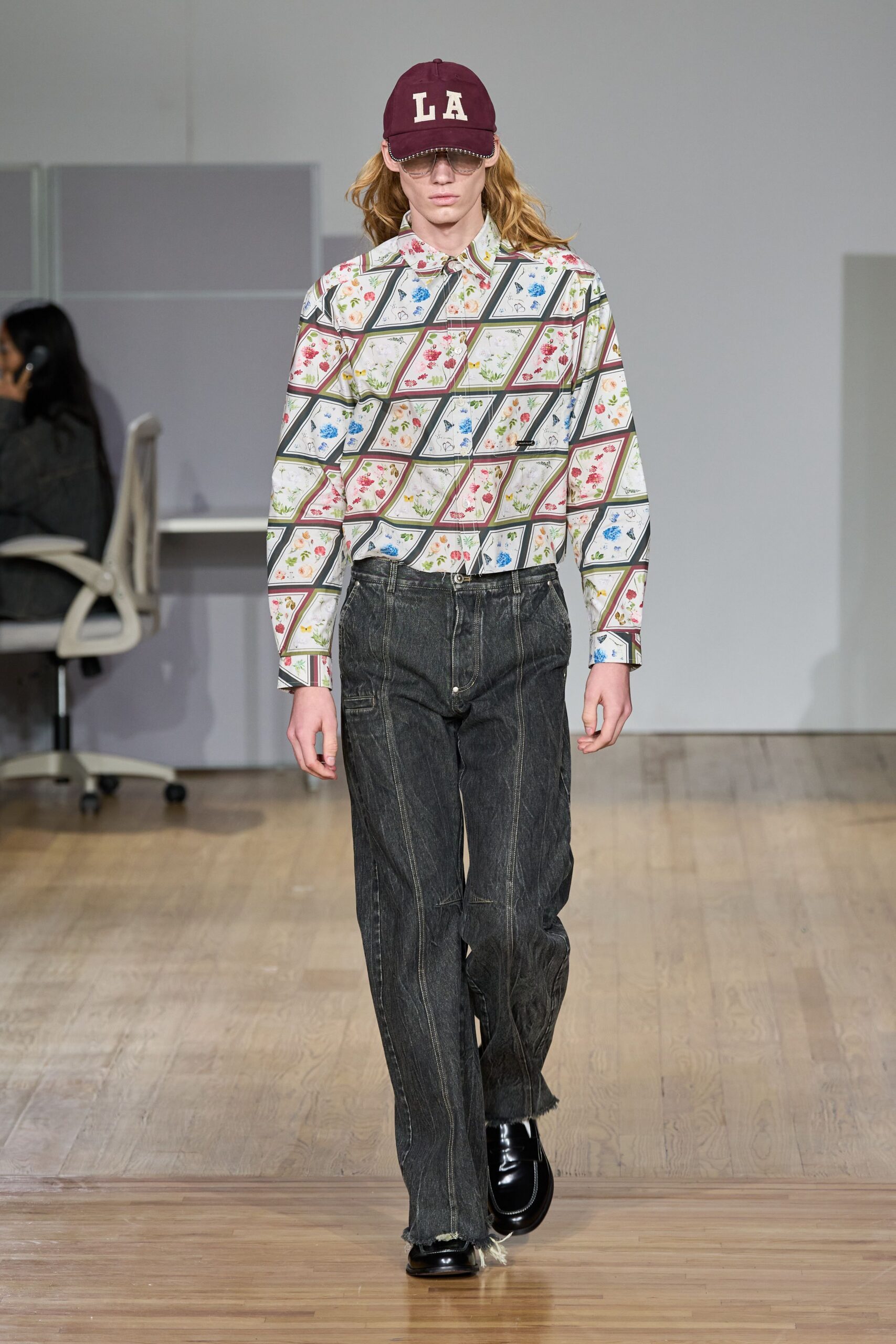 black denim fitted straight-leg pants