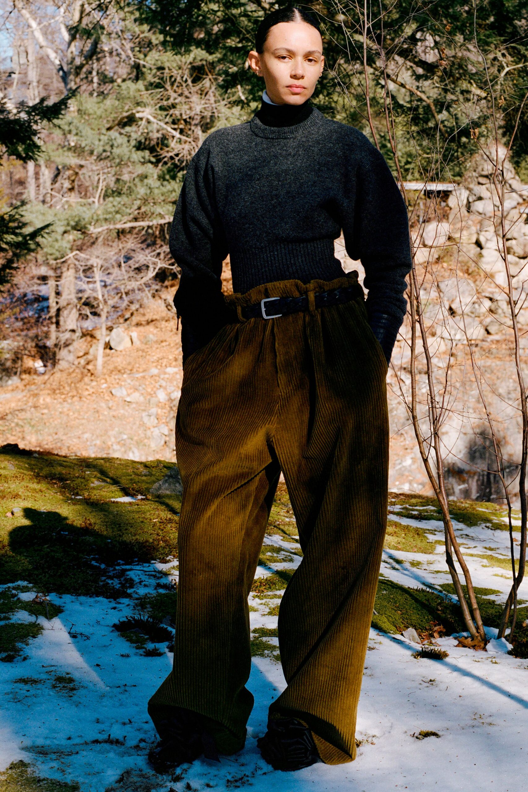 gray wool sweater brown pants