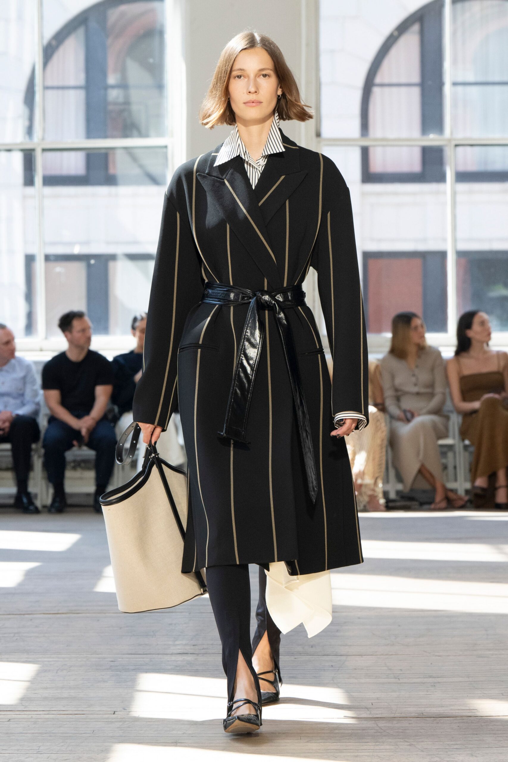 black wool long-sleeve collared tailored striped belted coat