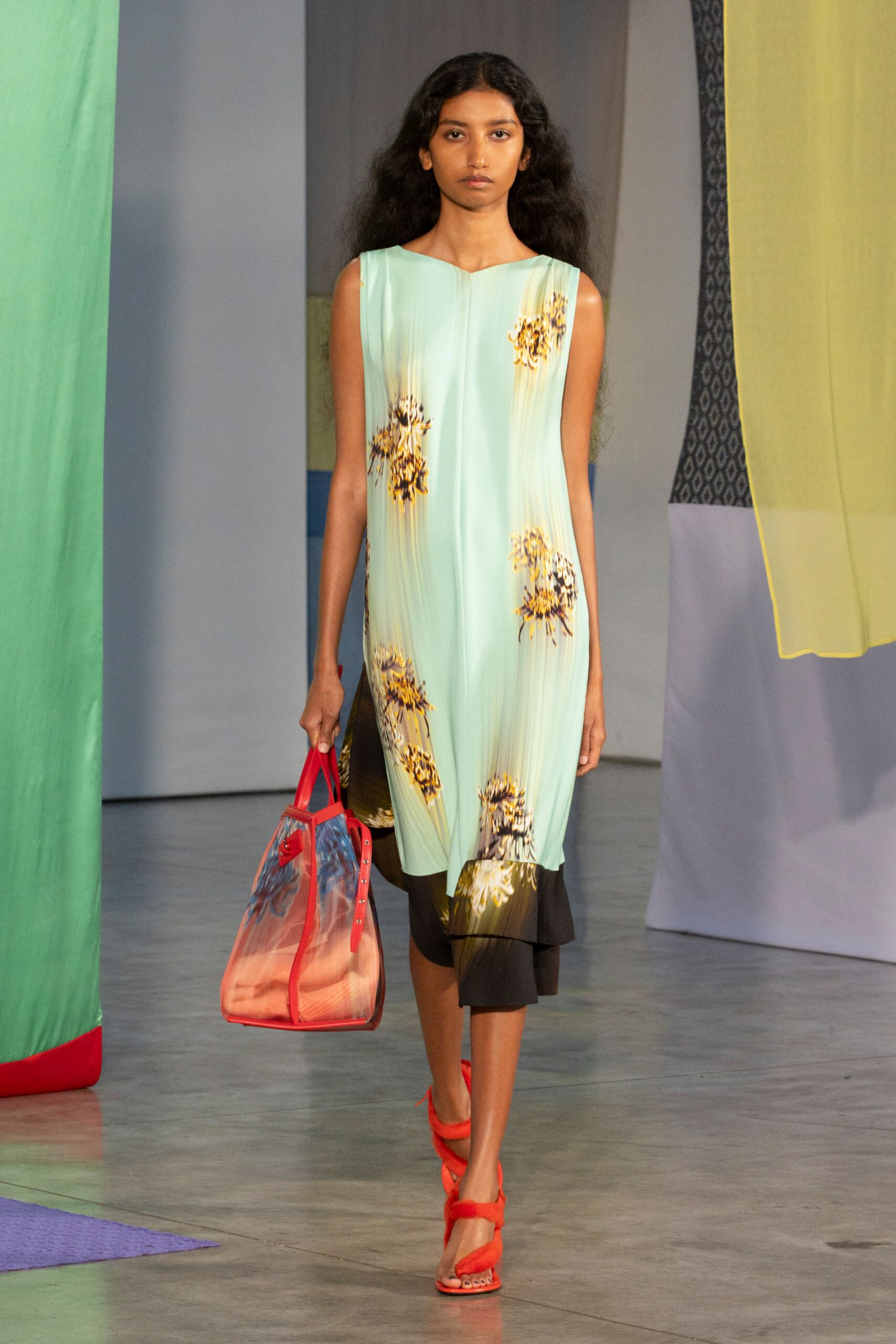 green silk sleeveless v-neck fitted printed midi dress