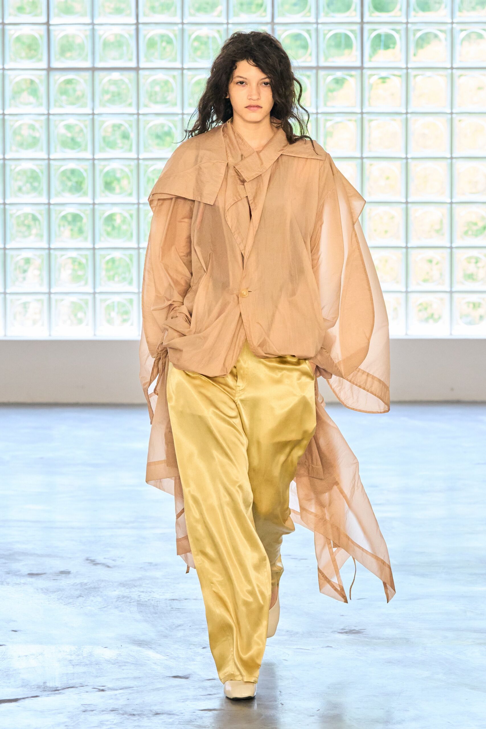 beige silk long-sleeve collared relaxed layered flowing blouse