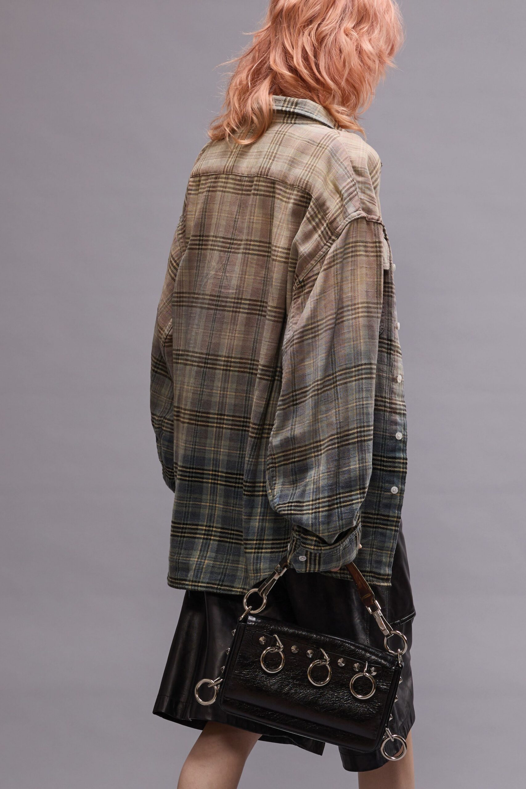 relaxed plaid shirt with leather skirt