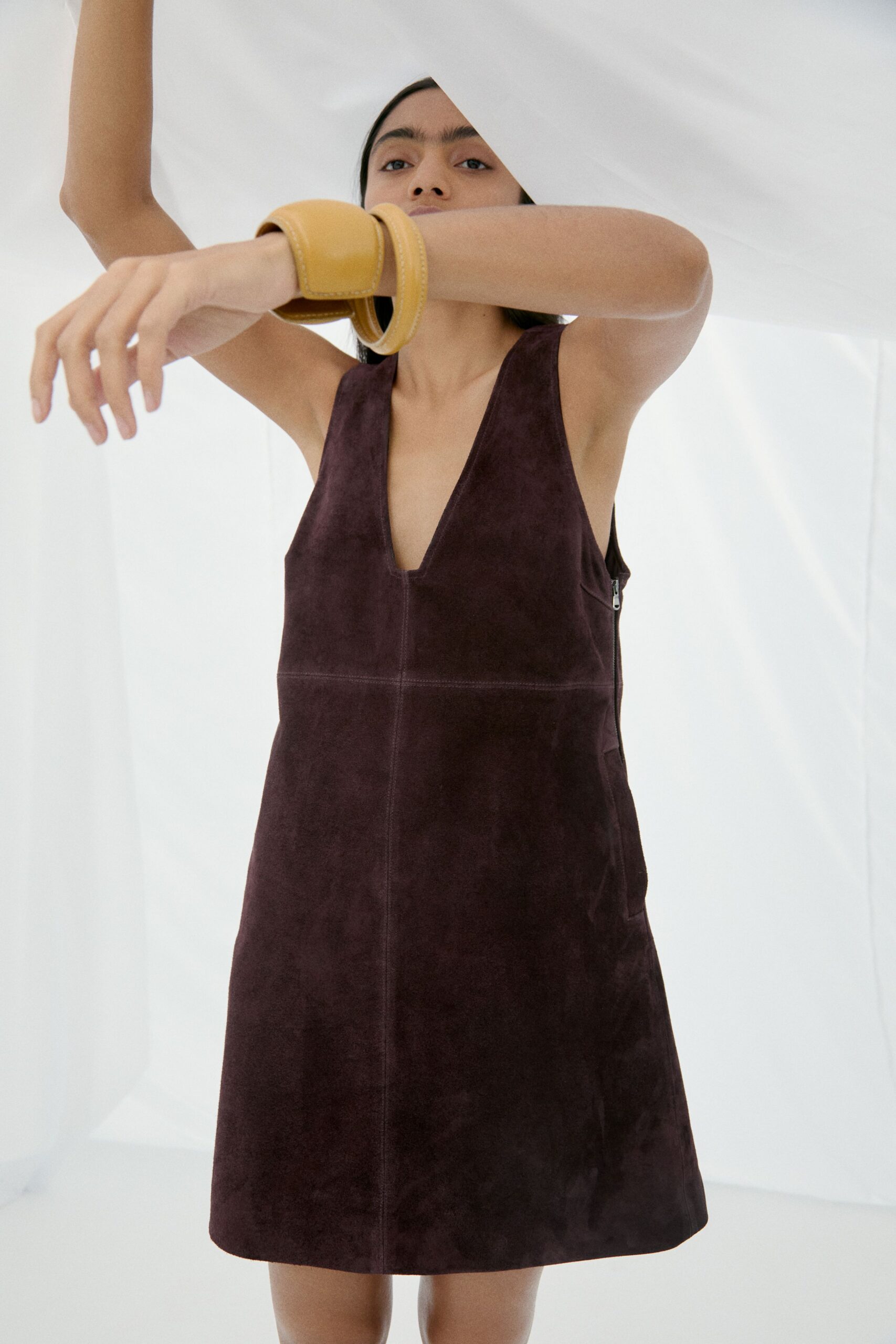 fitted purple suede mini dress