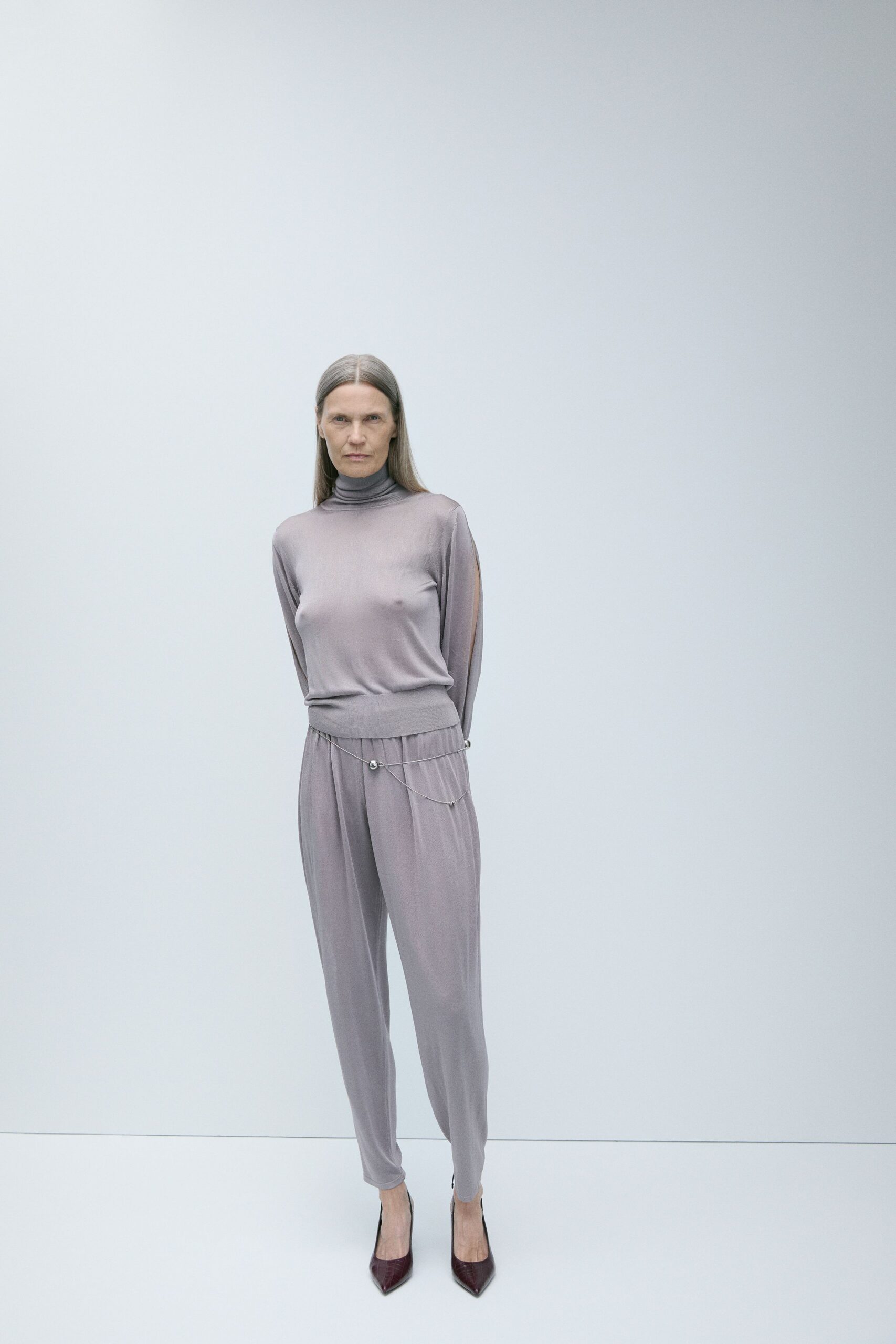 gray silk relaxed zippered shiny pants