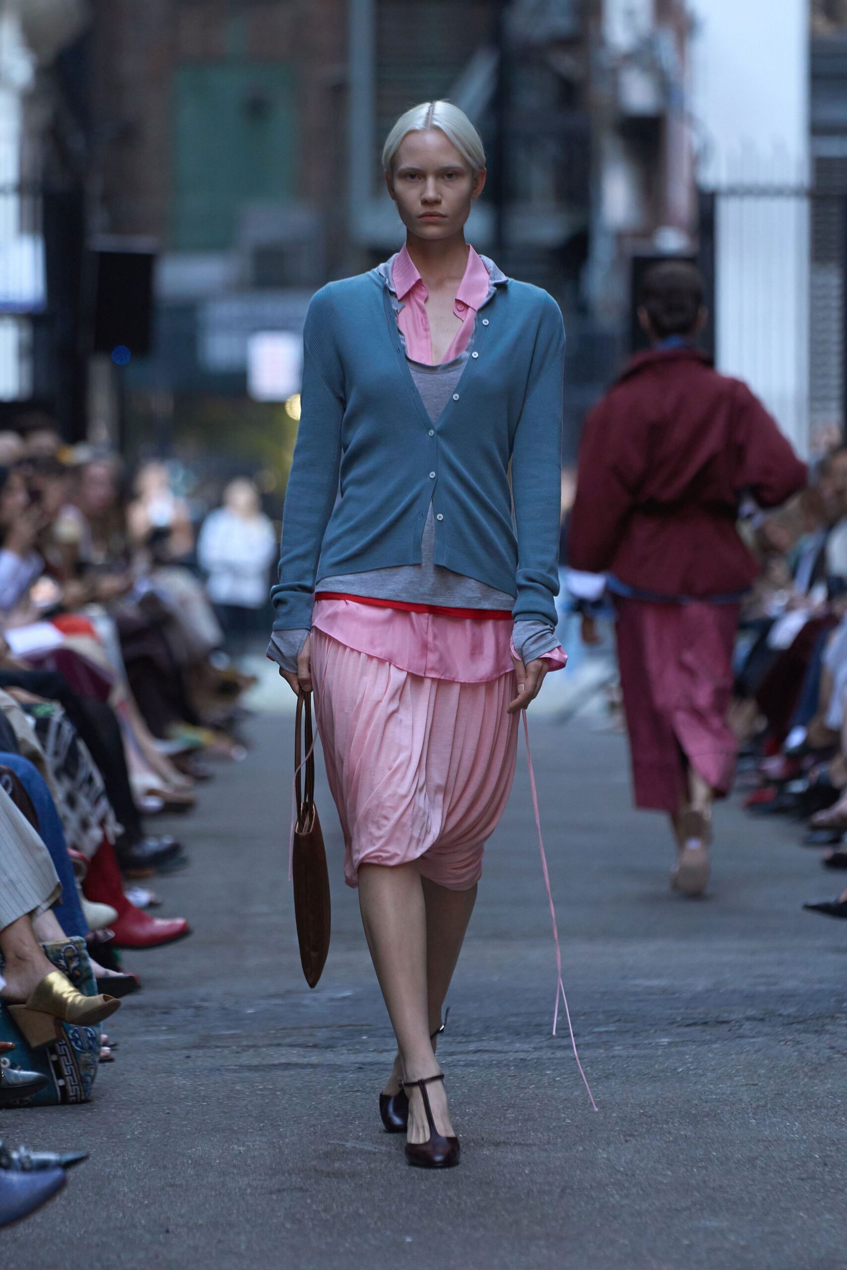 blue cardigan pink shirt skirt