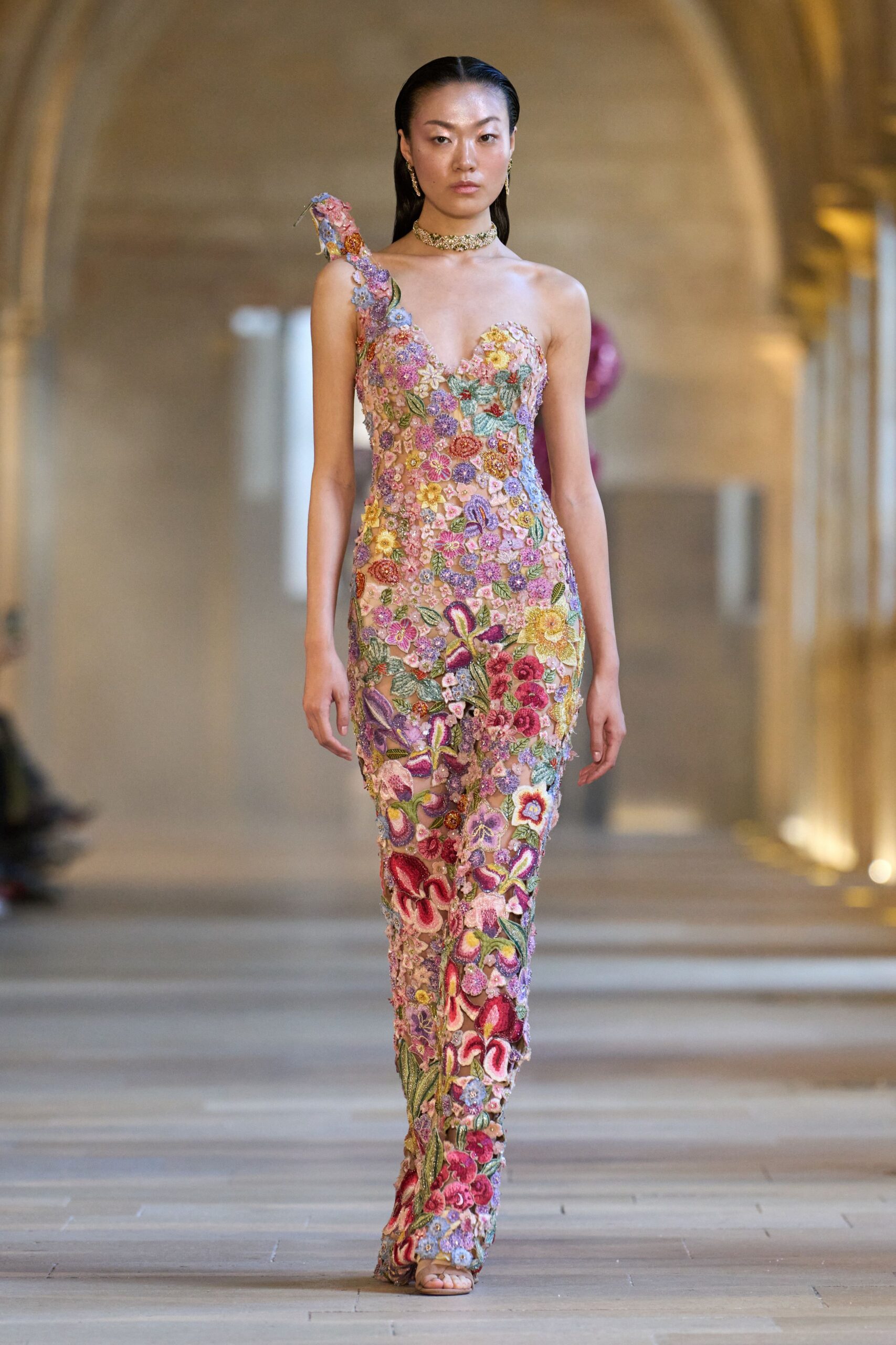 multi silk sleeveless v-neck fitted embroidered flared gown