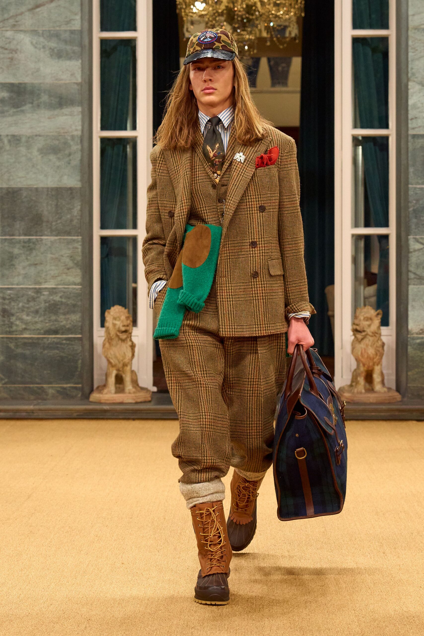 brown checked tailored suit with boots