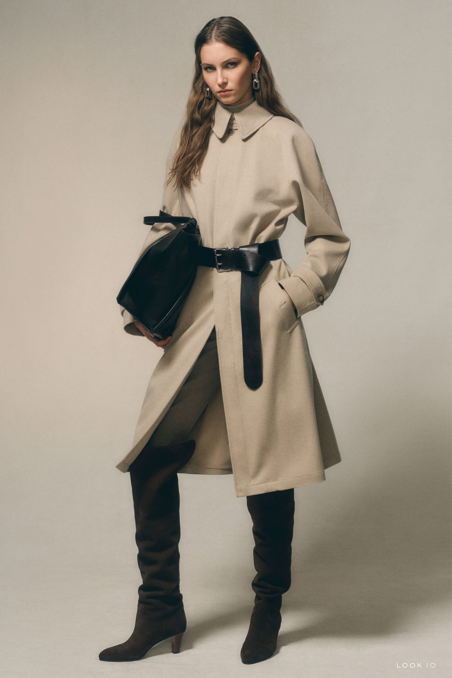 beige wool long-sleeve collared tailored belted midi coat