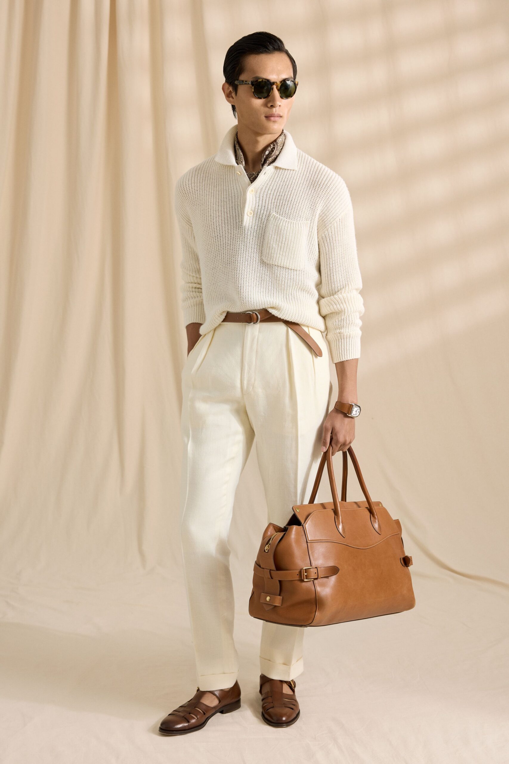white cotton sweater beige pants