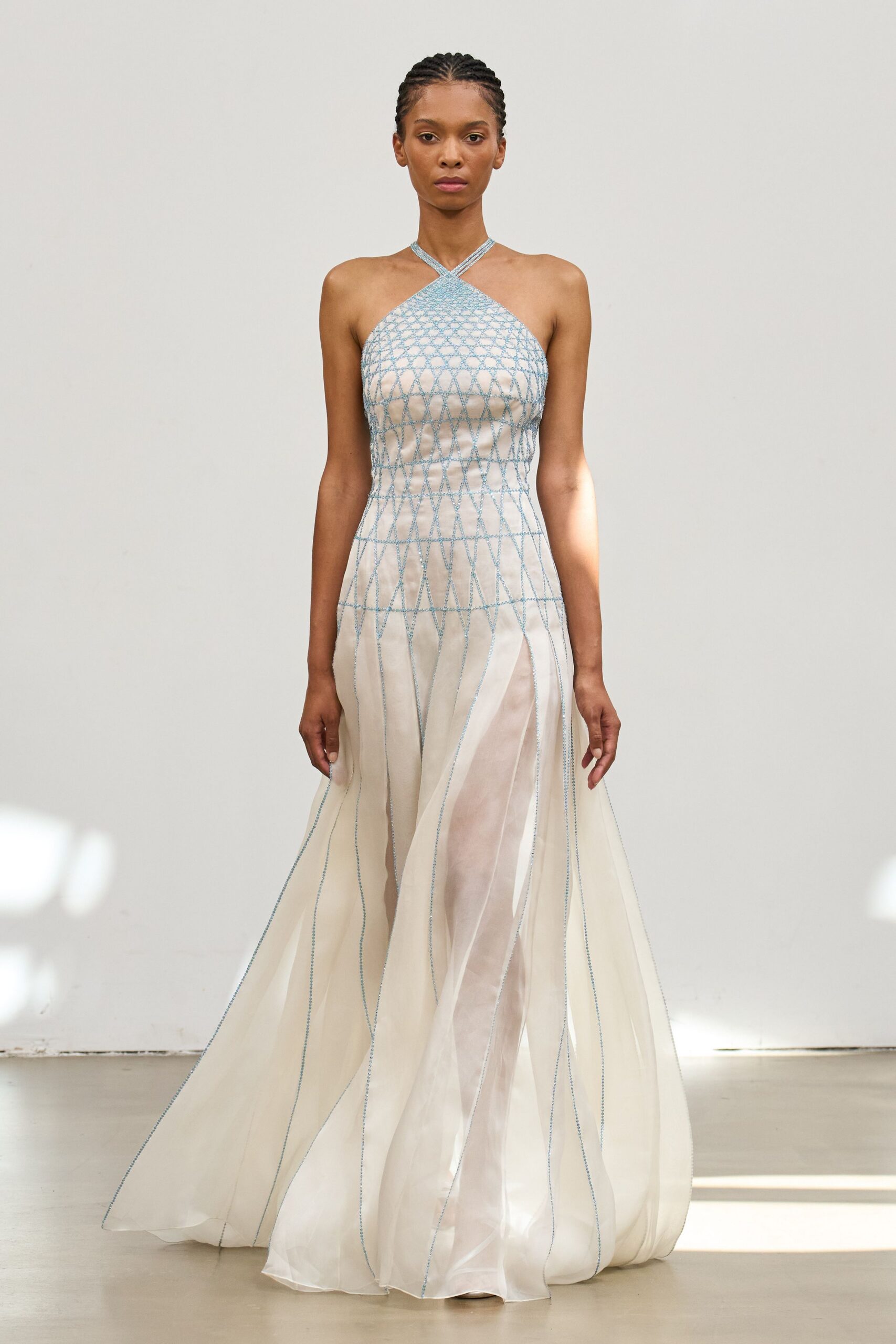 white silk embroidered gown