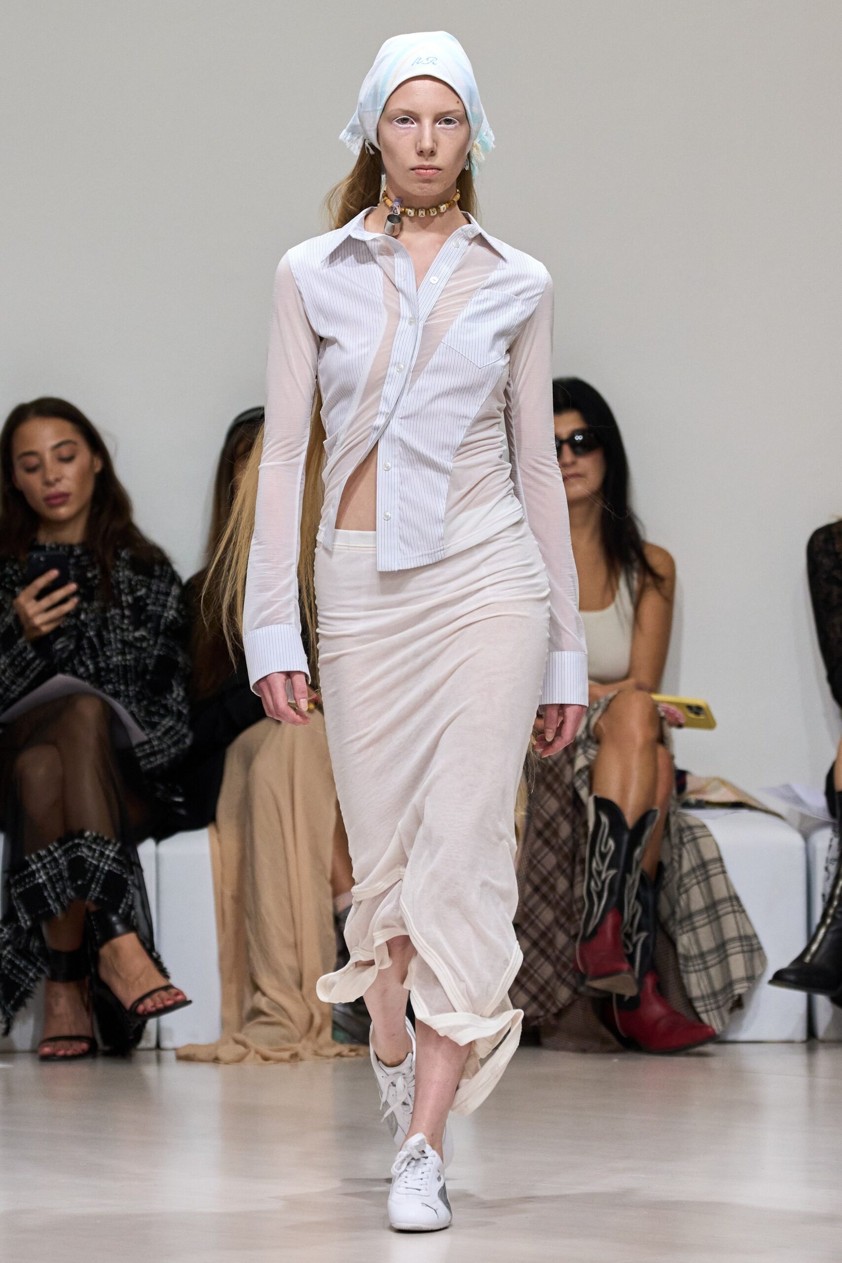 white fitted shirt beige ruched skirt