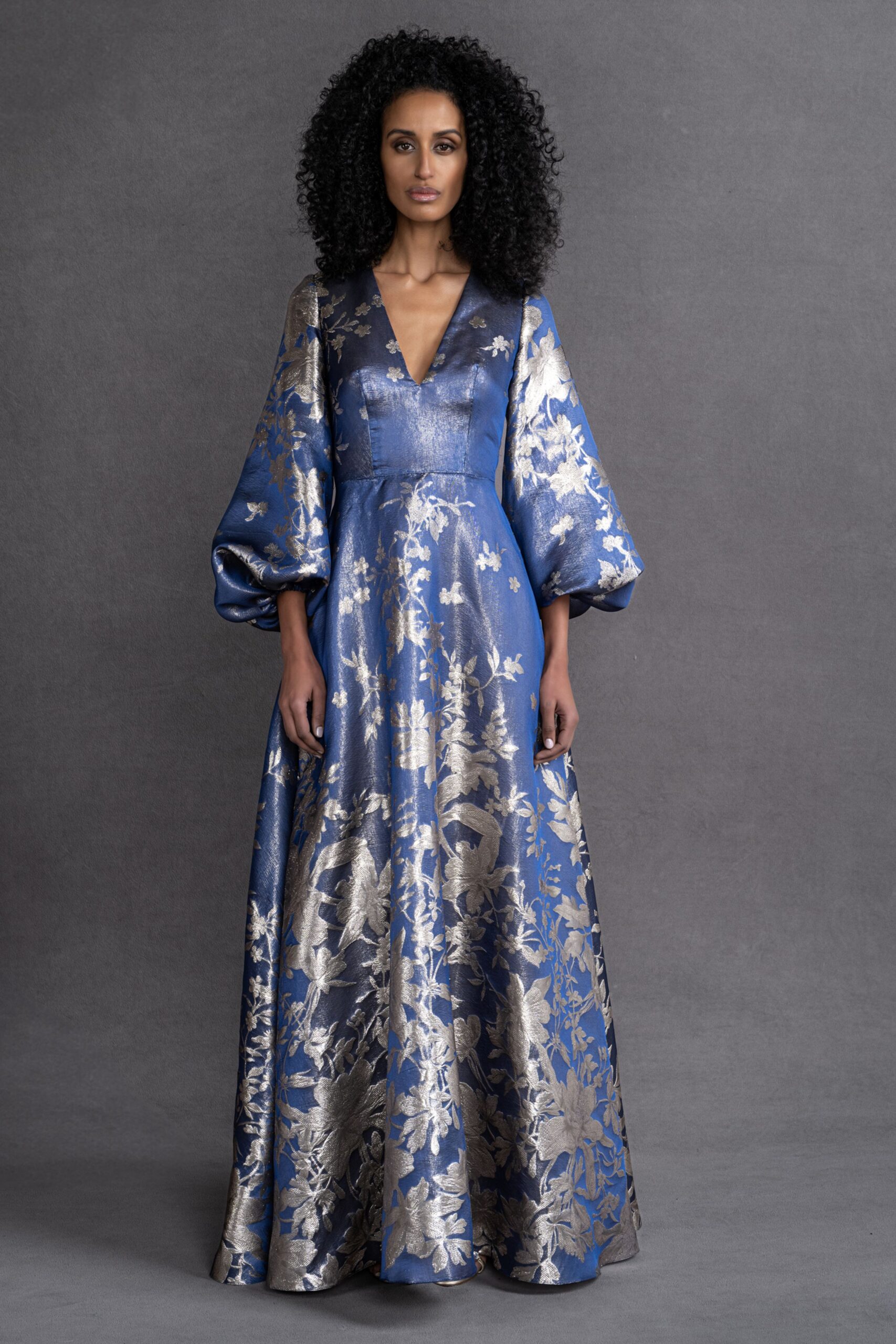 blue and gold floral gown