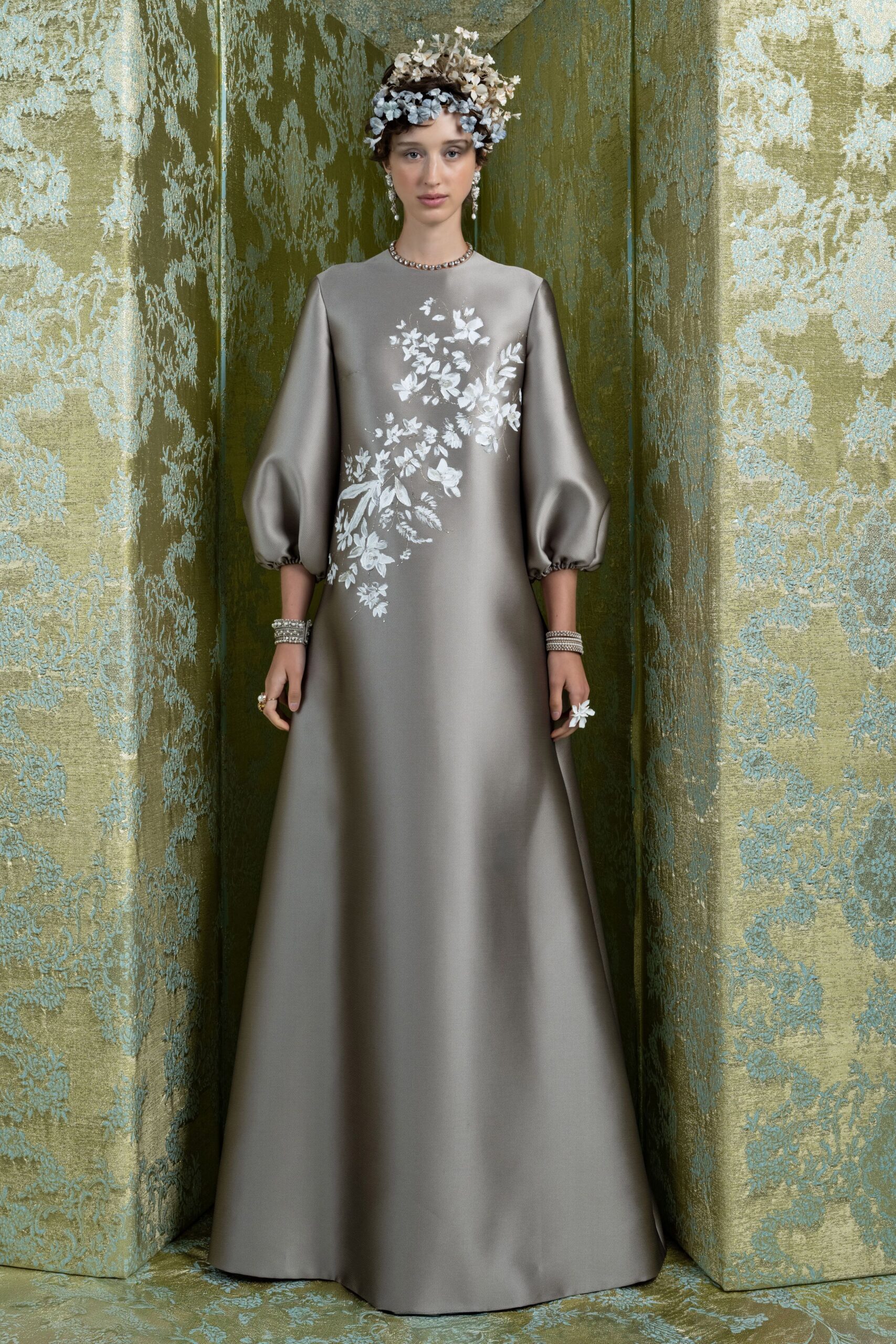 beige silk embroidered gown
