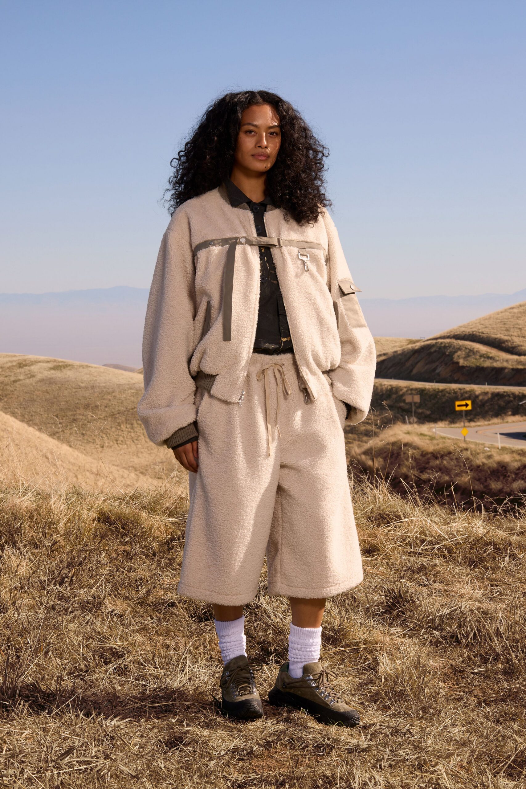 beige faux-fur long-sleeve collared oversized jacket