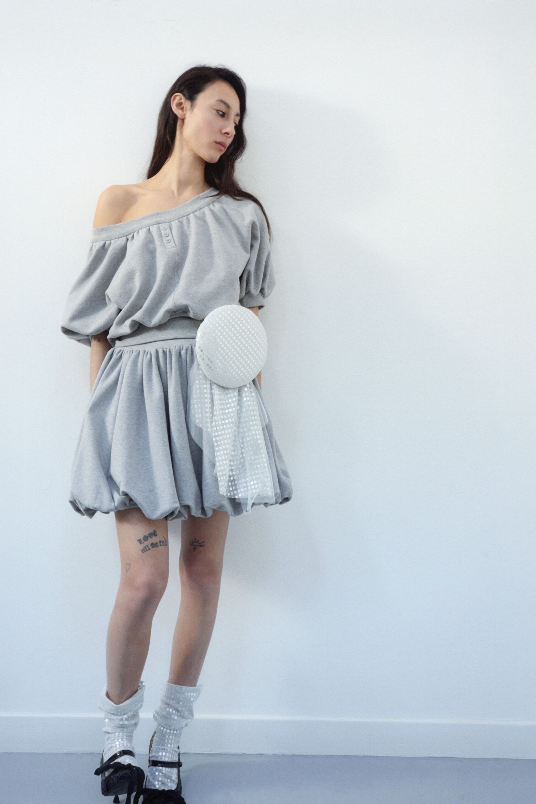 gray off-shoulder mini dress