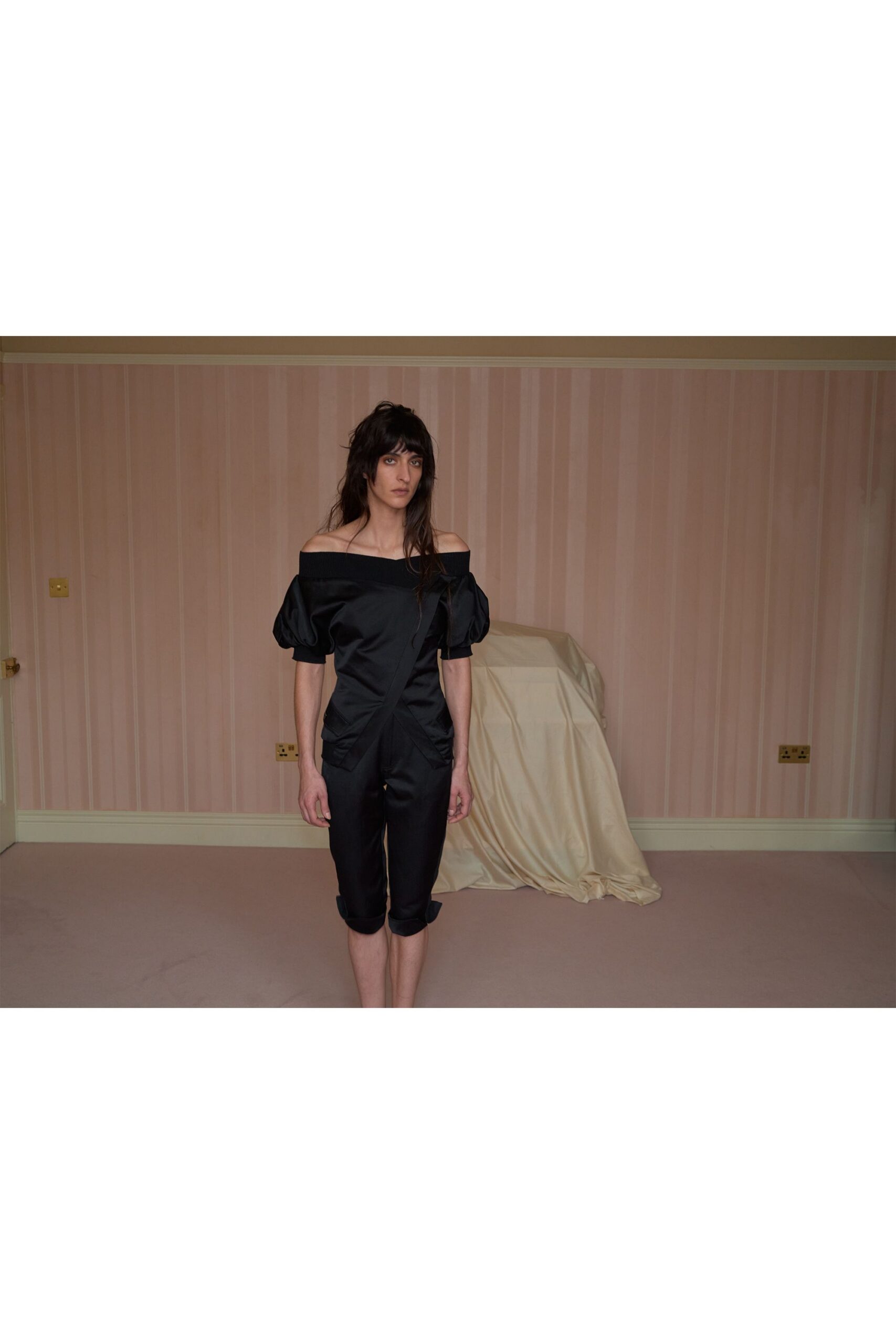black silk off-shoulder dress