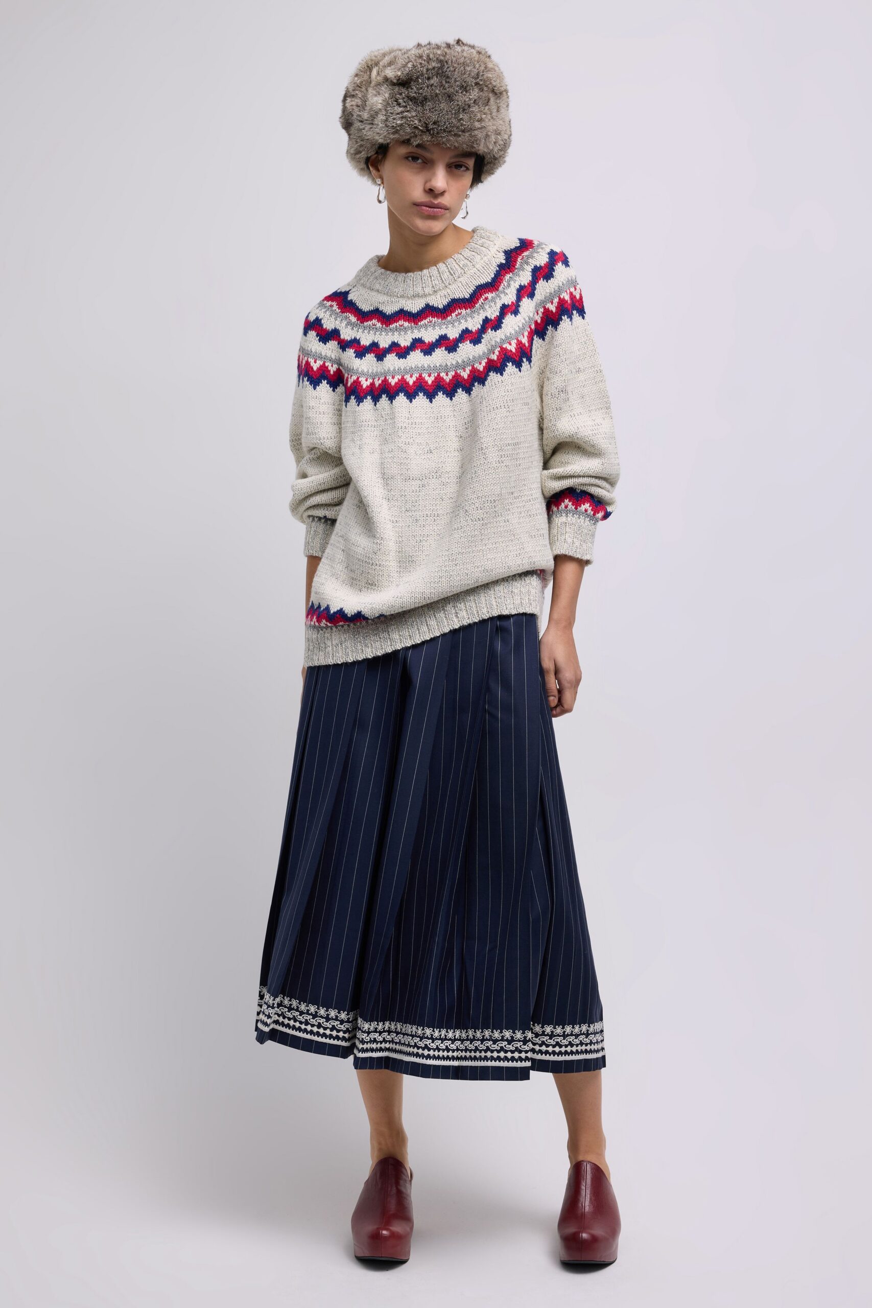 blue silk fitted striped pleated midi skirt