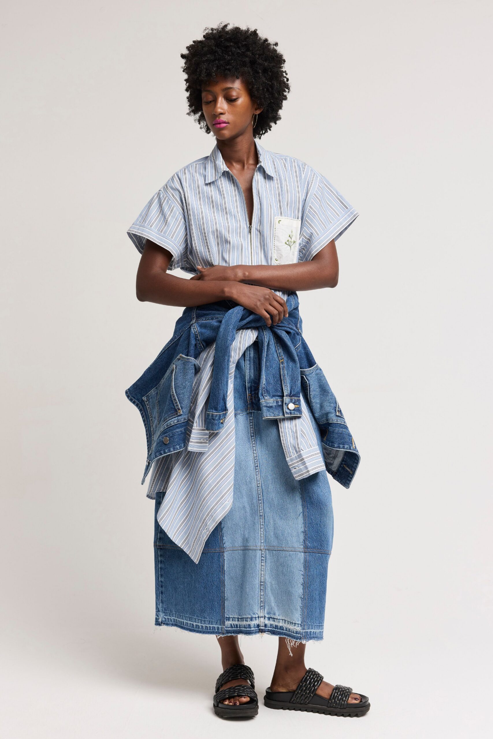 blue denim fitted straight-leg midi skirt