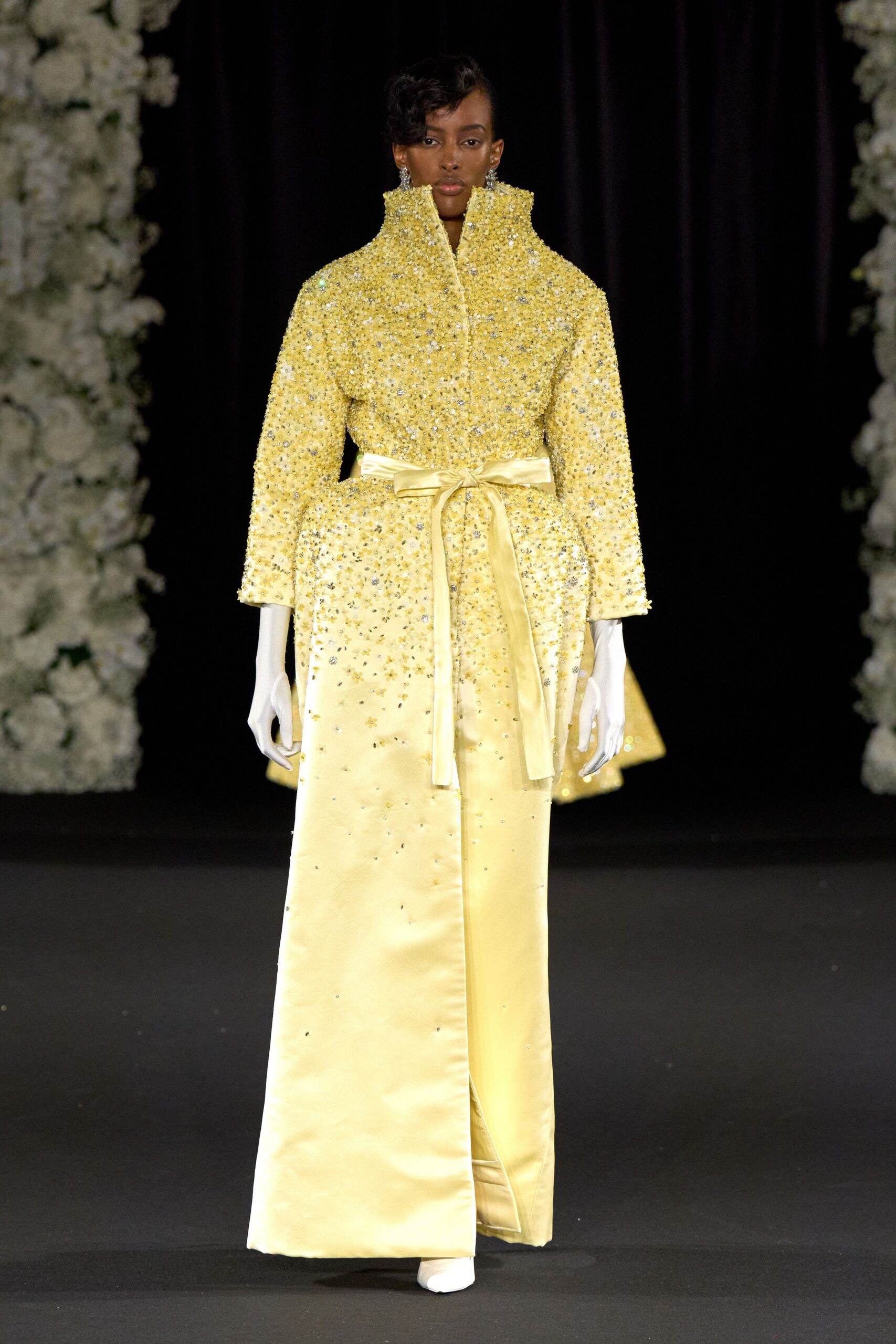 yellow silk long-sleeve collared fitted beaded belted gown
