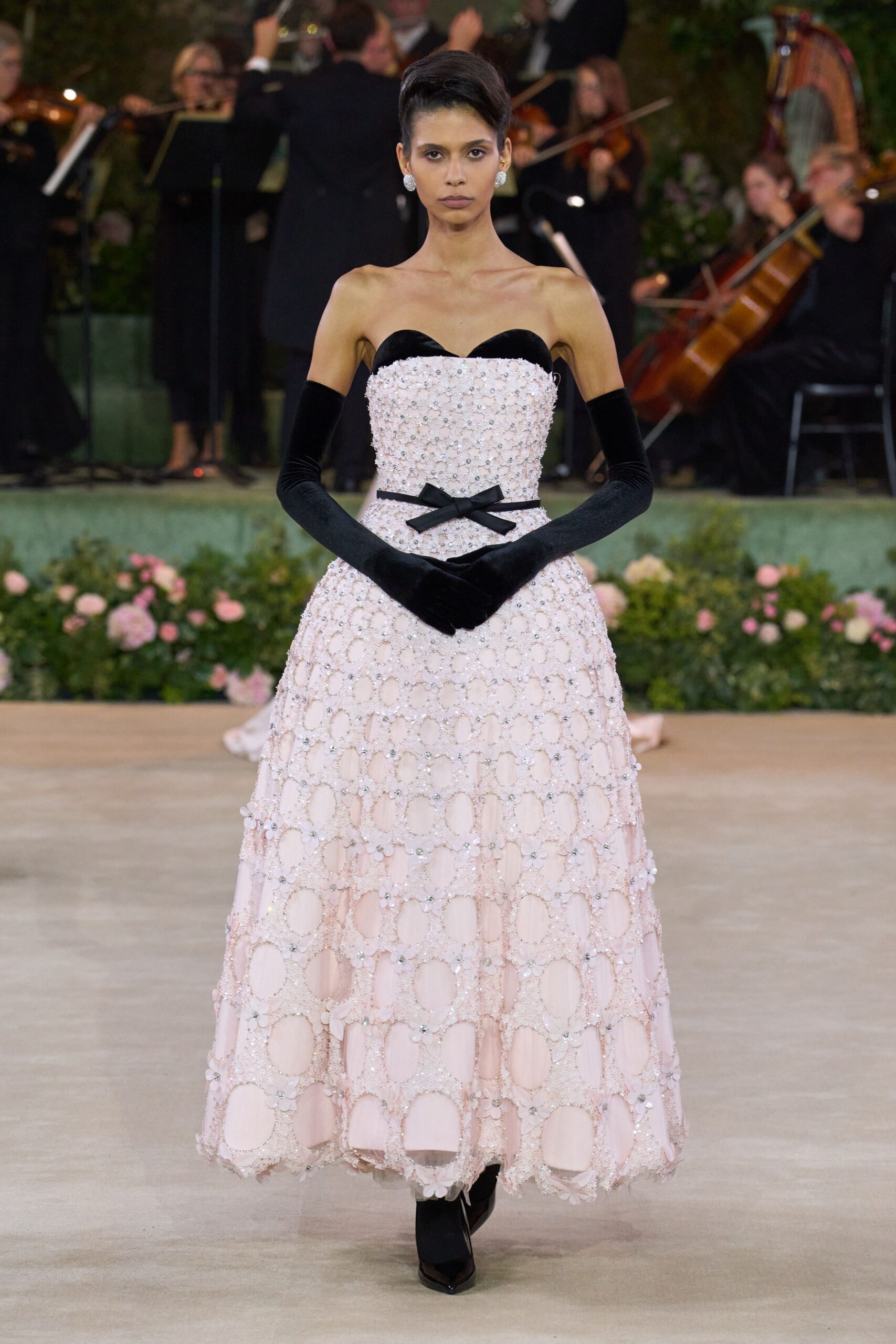 pink silk strapless gown