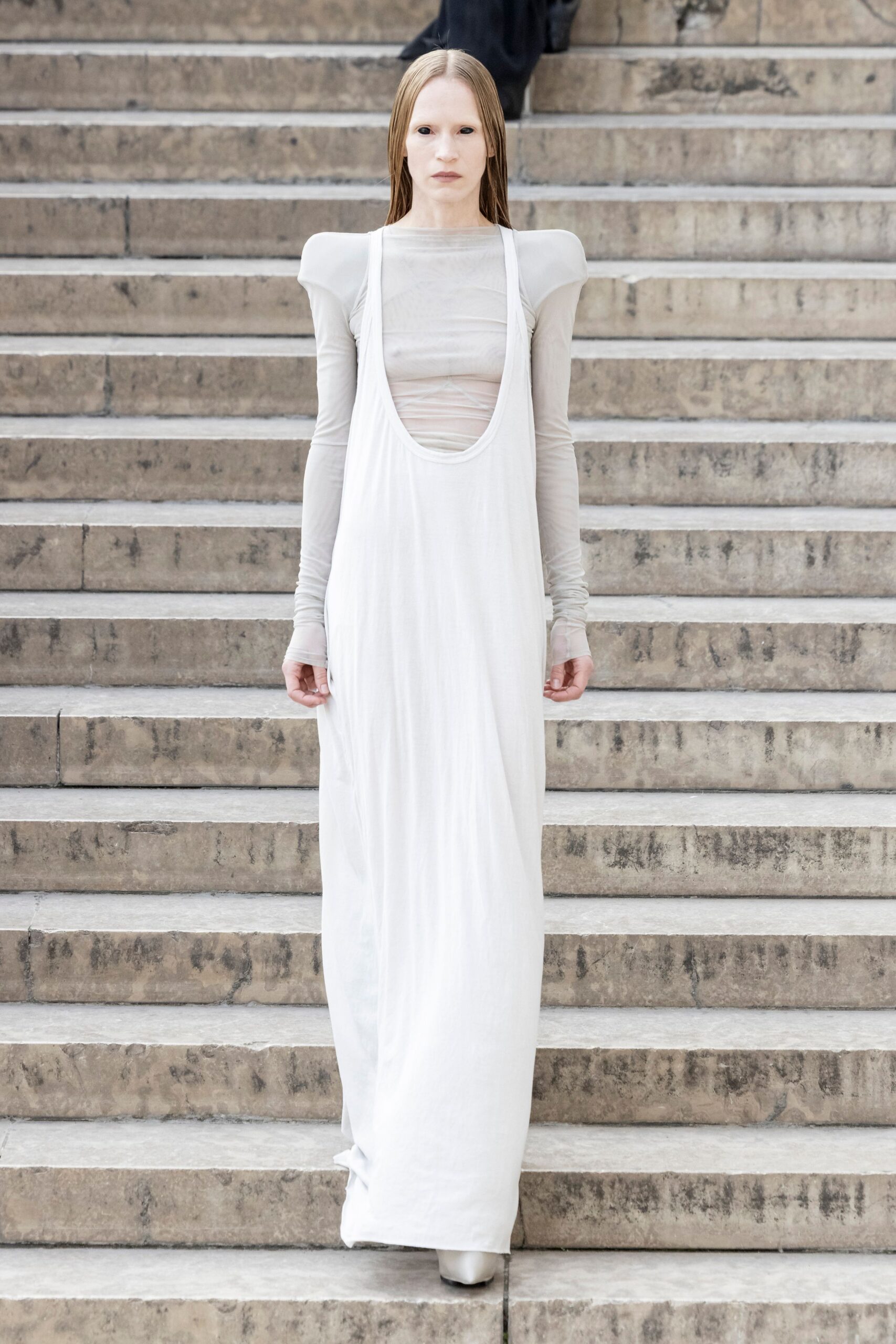 white relaxed gown with beige top