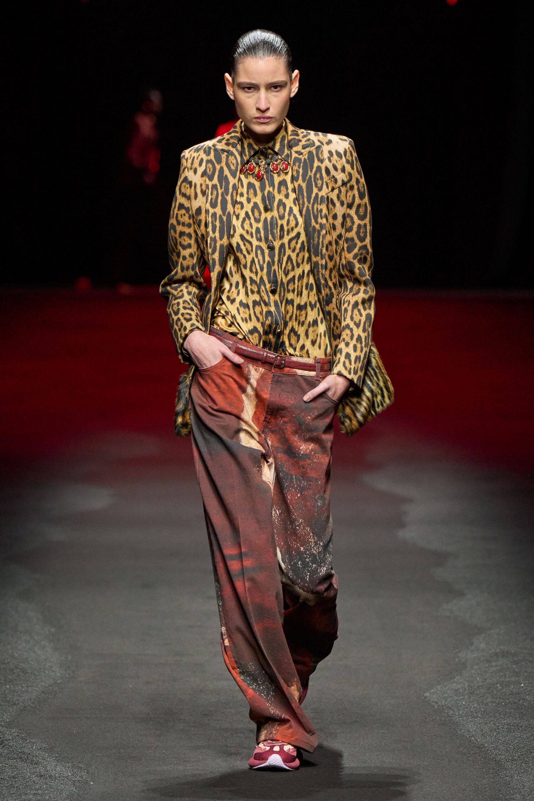 animal-print blazer with printed pants