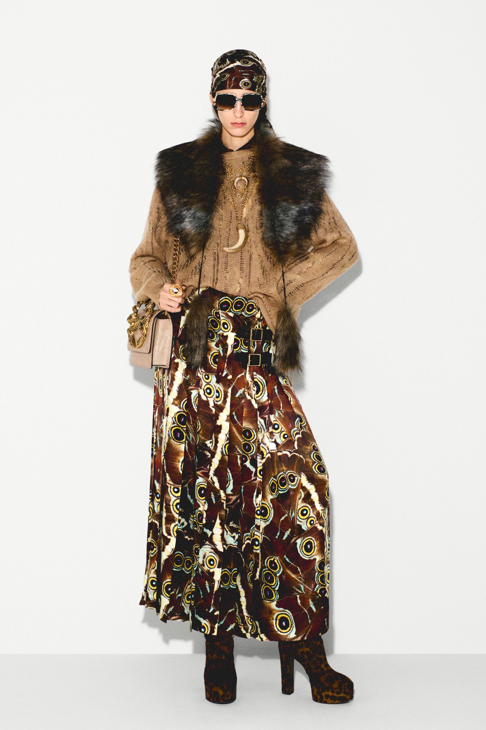 brown fur long-sleeve collared relaxed layered top