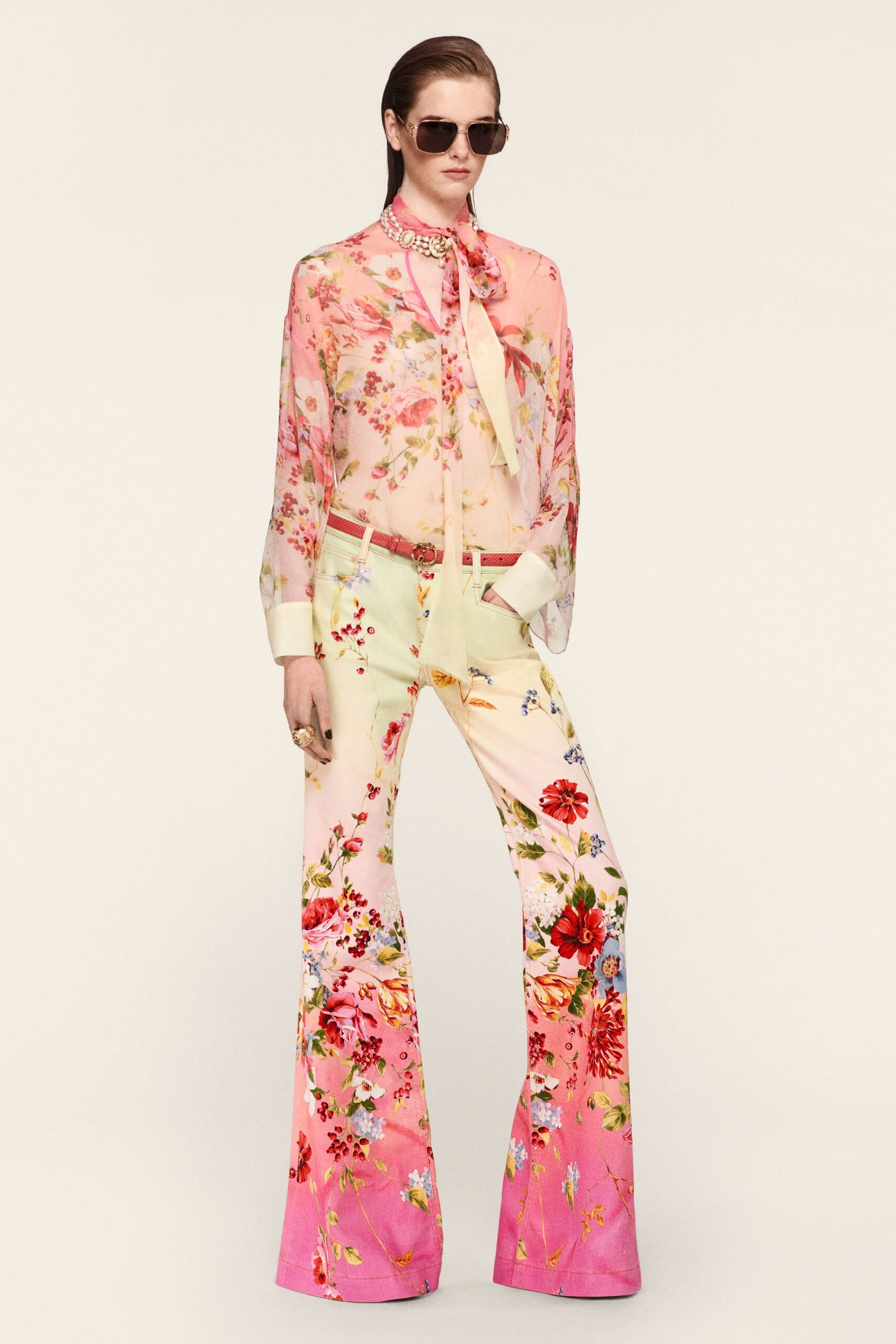 pink silk long-sleeve collared fitted floral sheer blouse