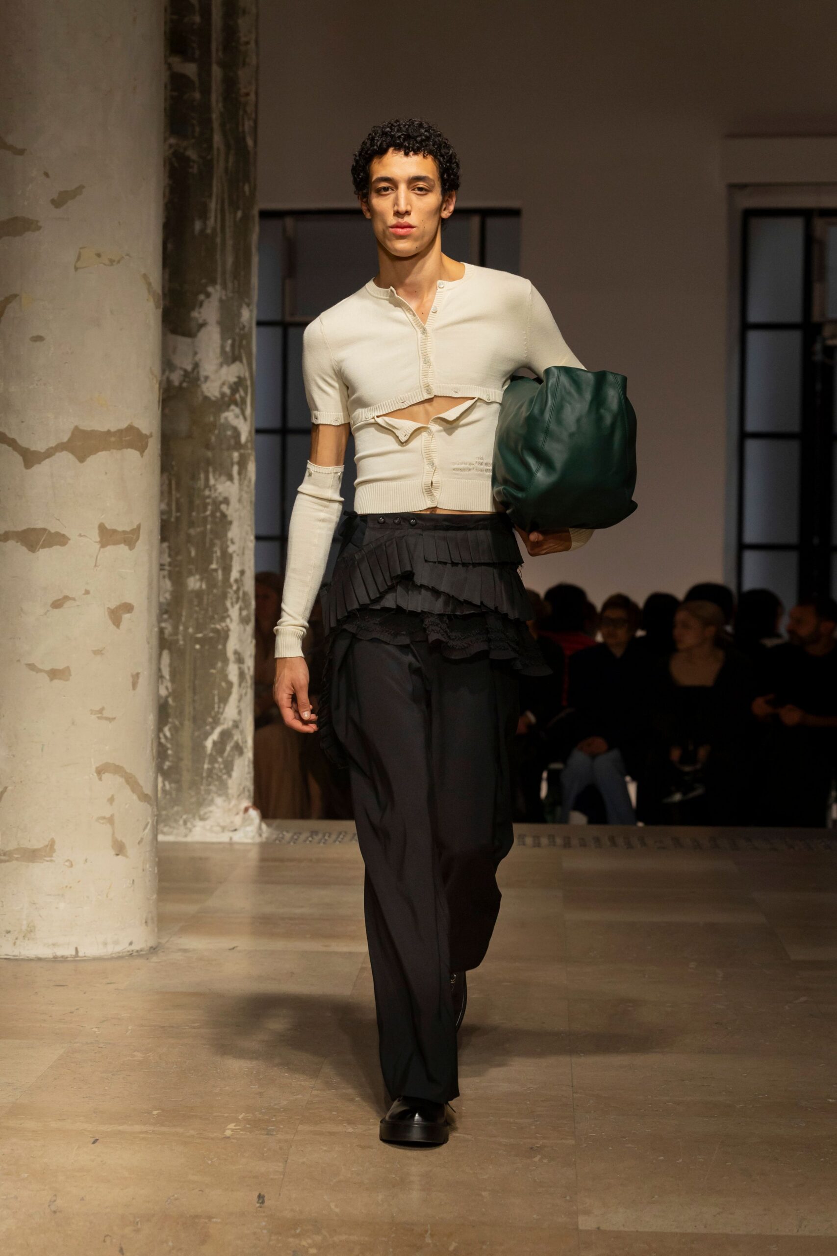 white fitted top with ruffles