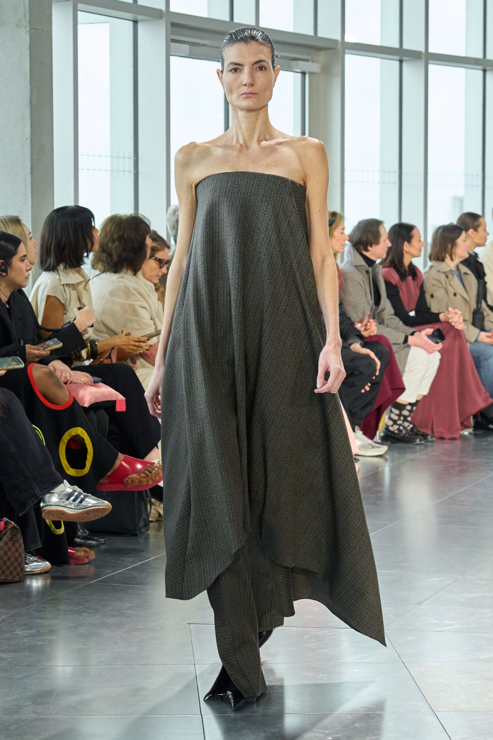 gray cotton sleeveless off-shoulder relaxed draped midi dress