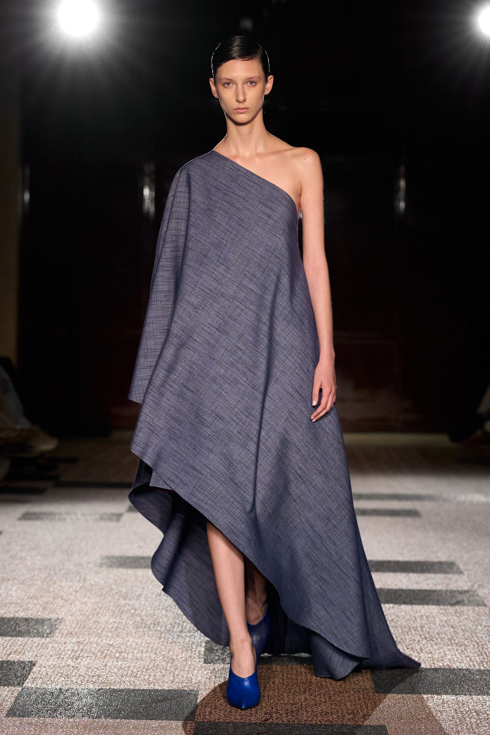 blue cotton sleeveless asymmetric fitted draped maxi gown