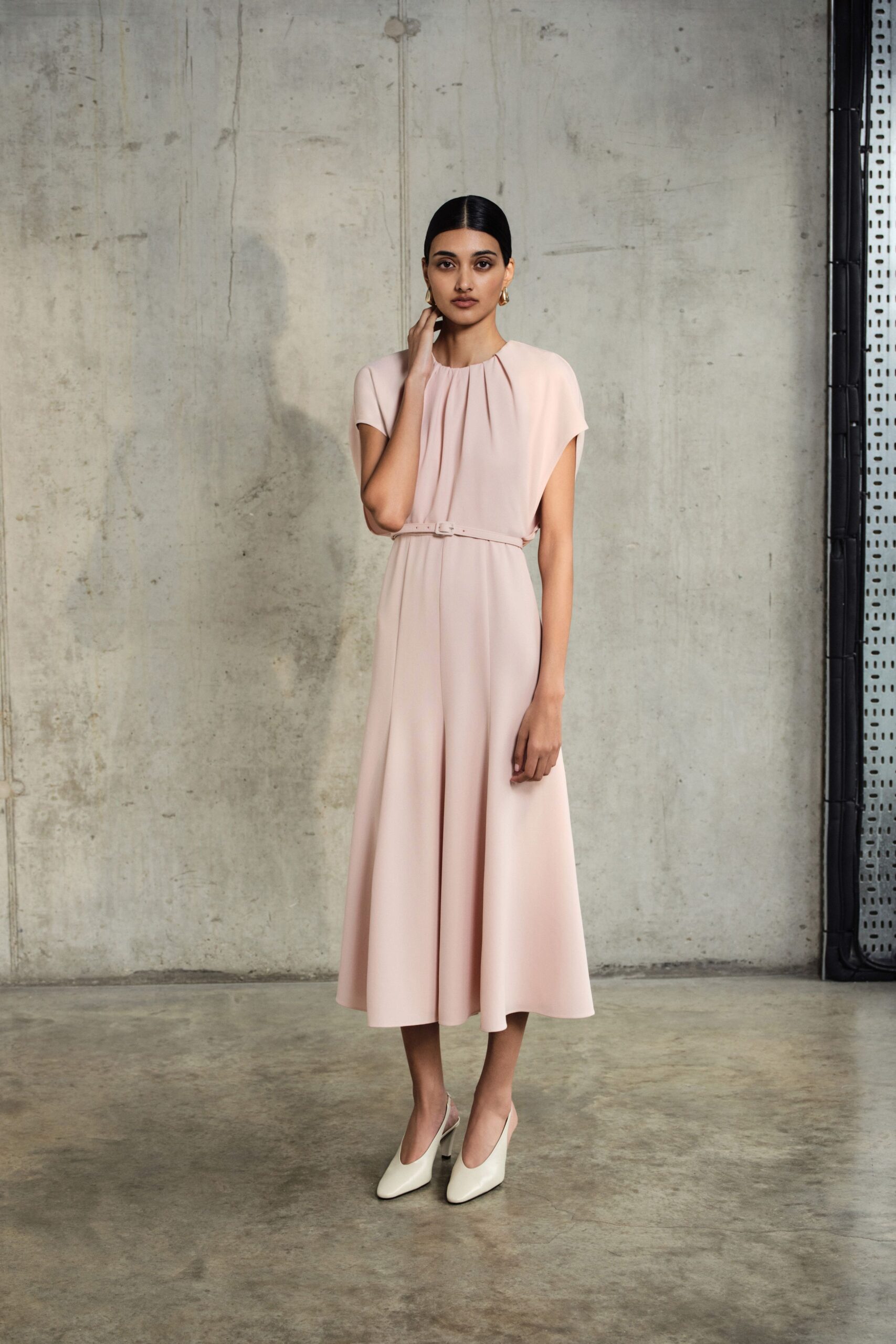 pink silk sleeveless high-neck fitted a-line pleated dress