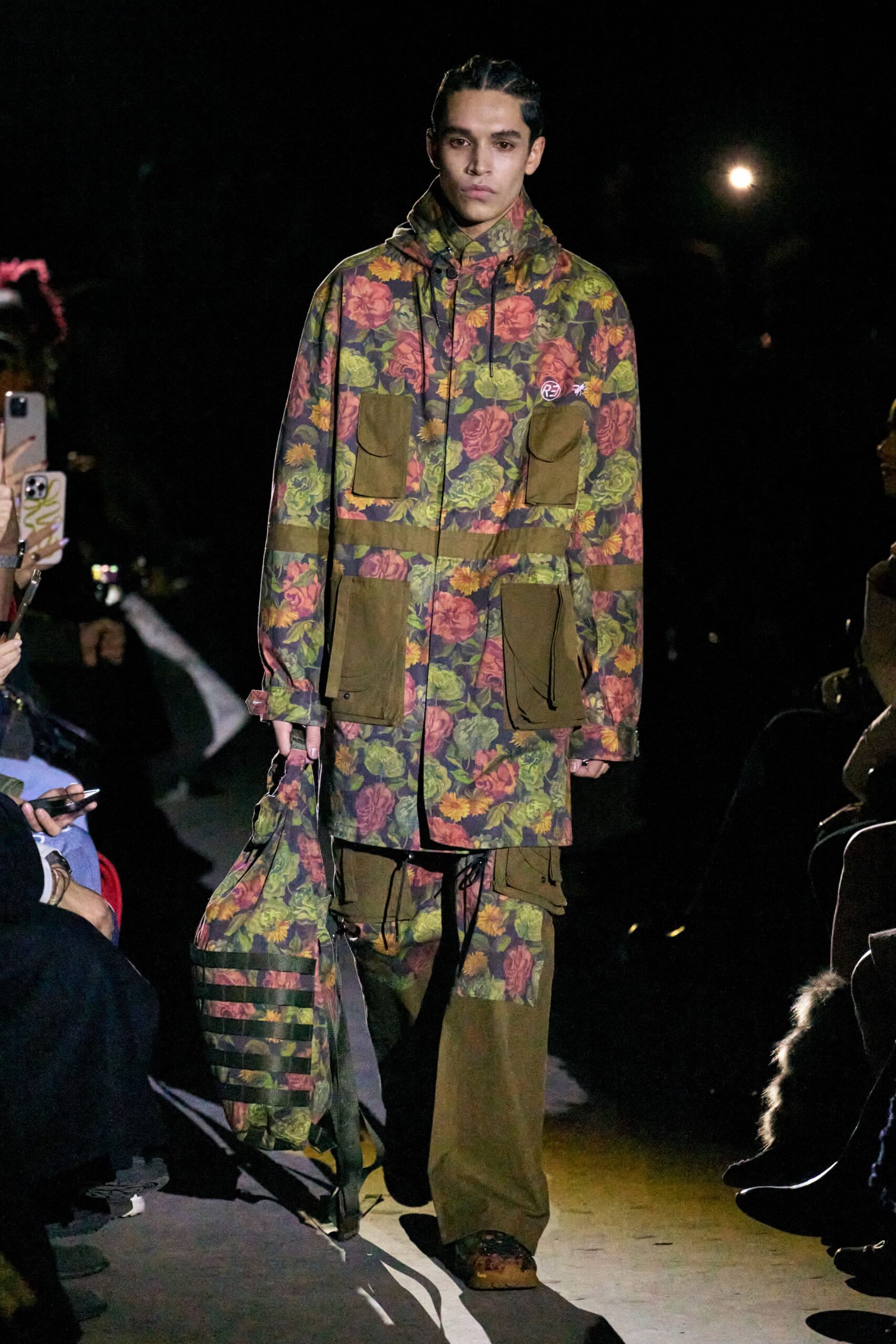 floral green jacket with cargo pants