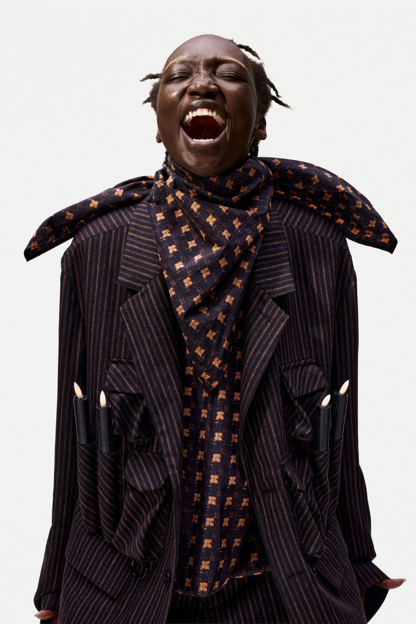 black and brown striped blazer with scarf