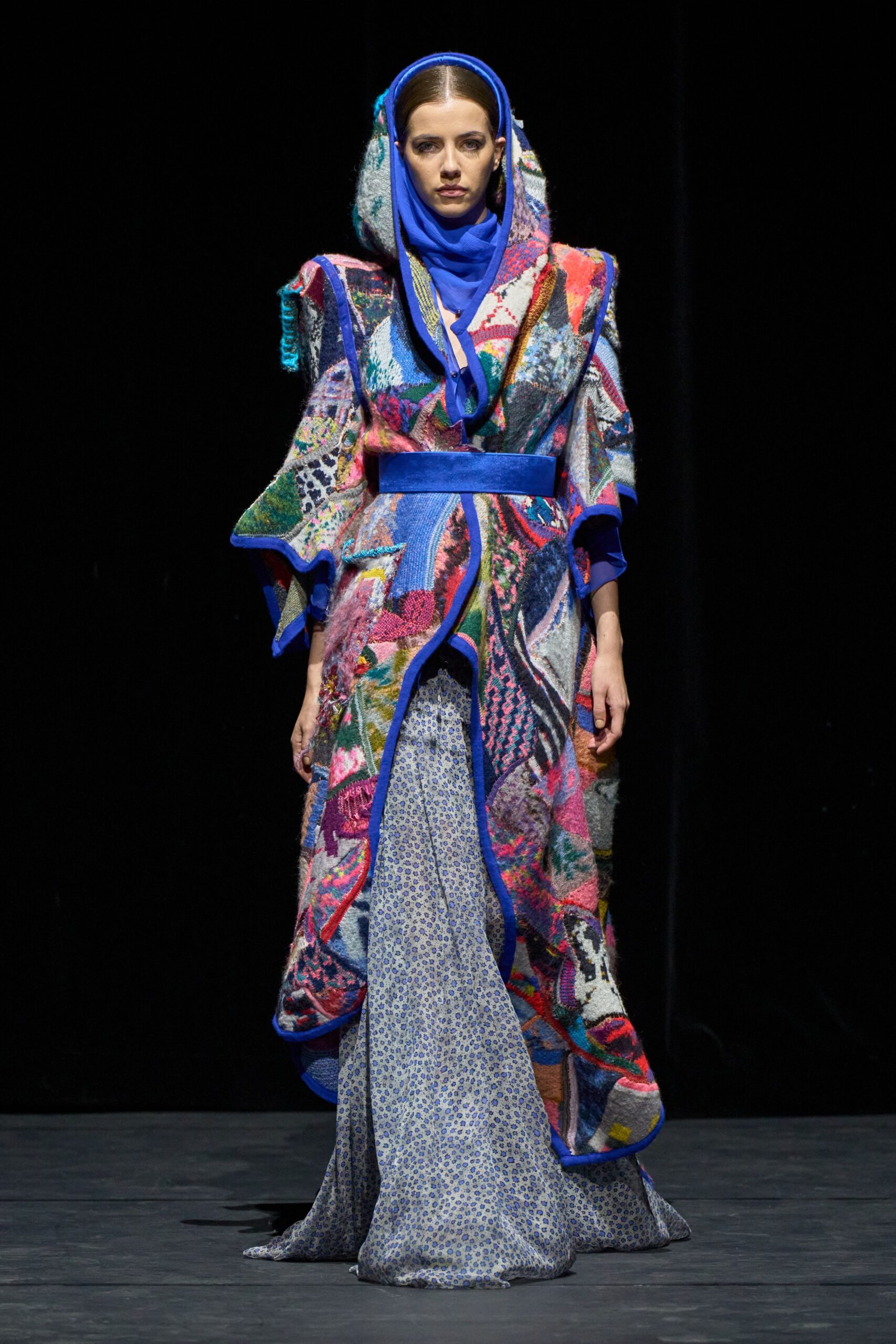 multi silk long-sleeve collared fitted layered embroidered gown