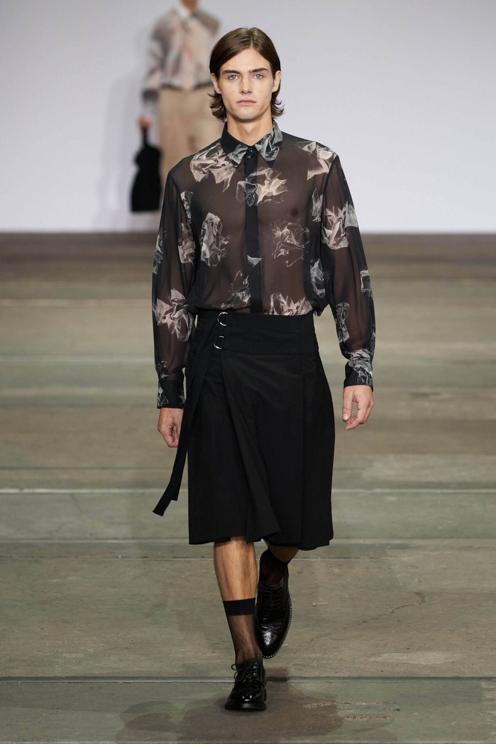 black floral sheer shirt with skirt