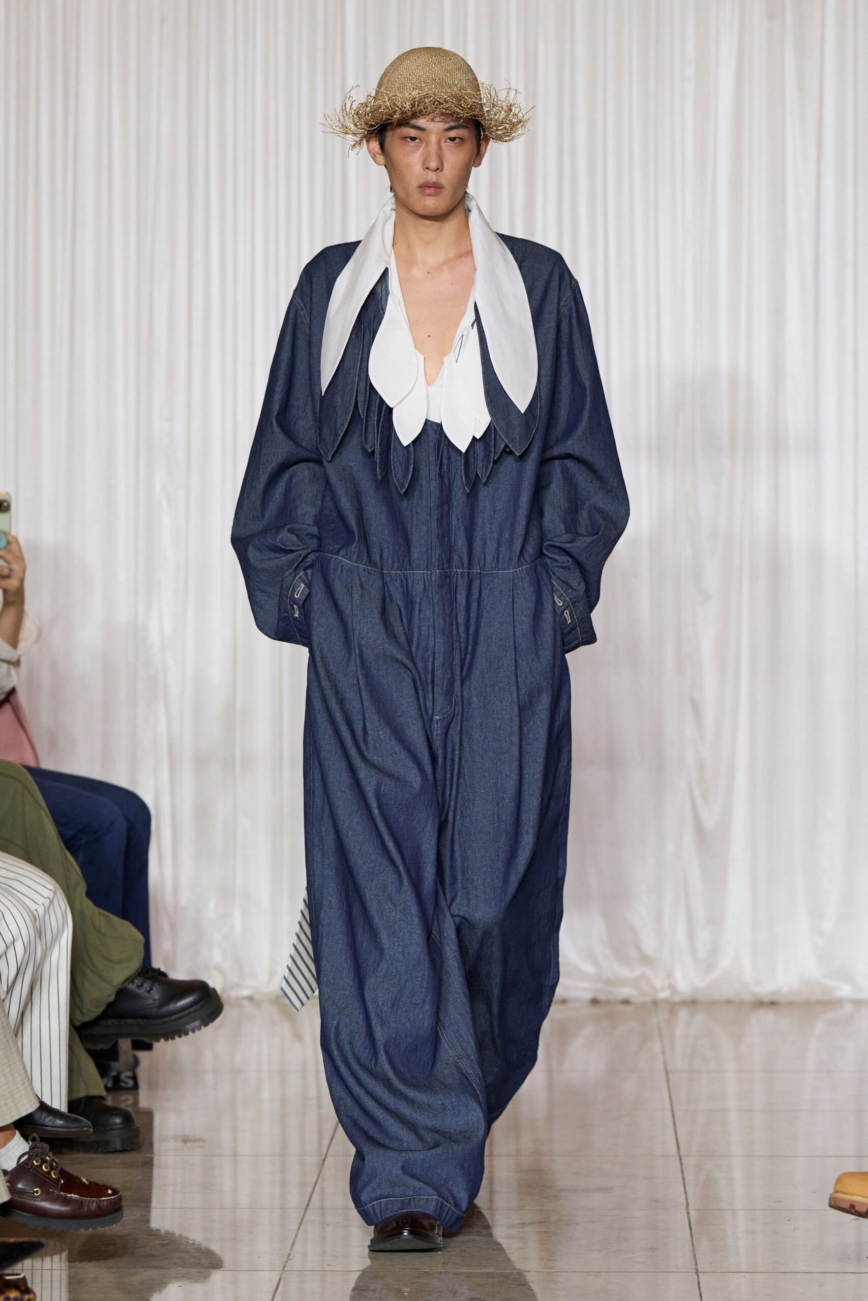 blue denim long-sleeve collared oversized zippered jumpsuit