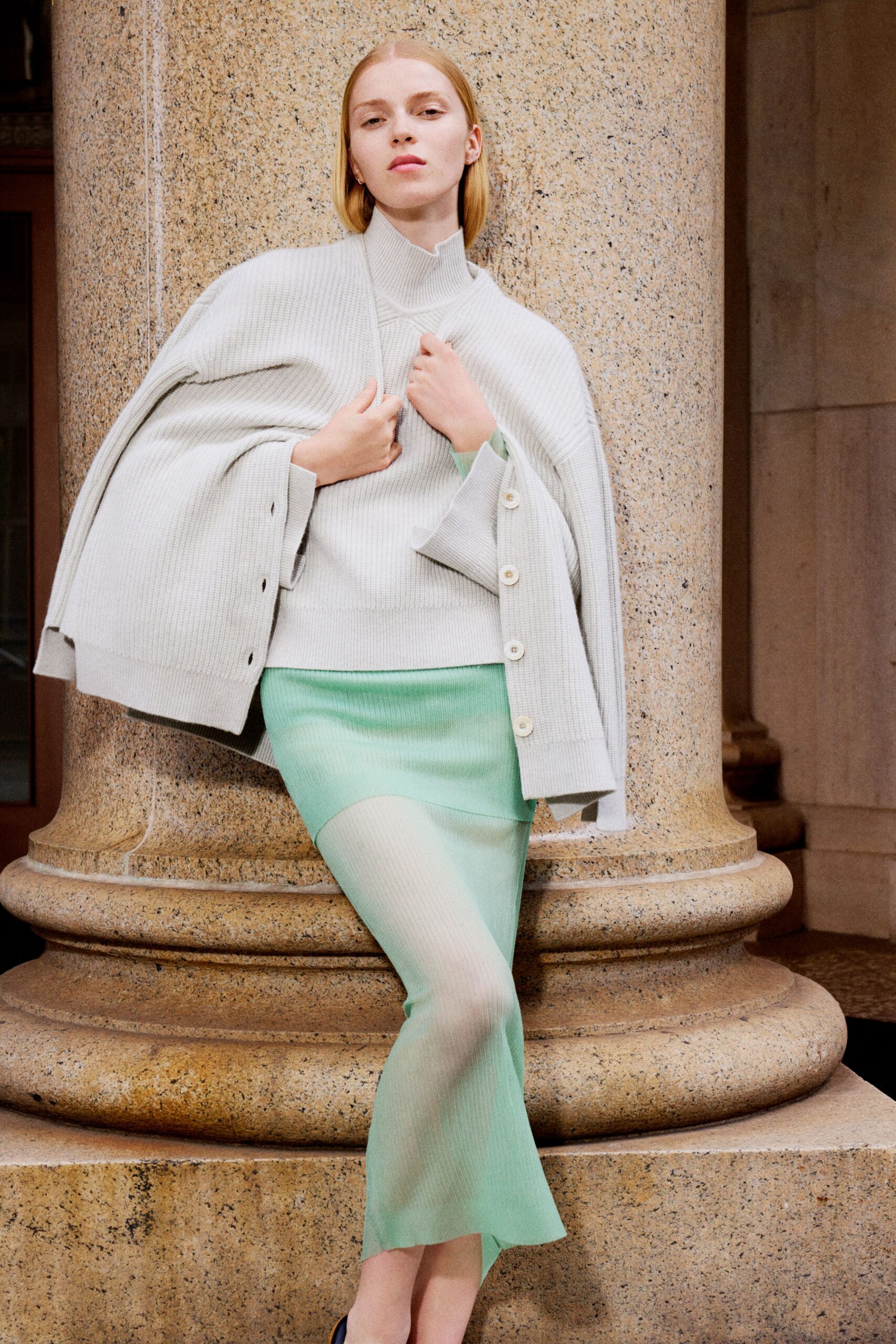 green mesh fitted straight-leg sheer skirt