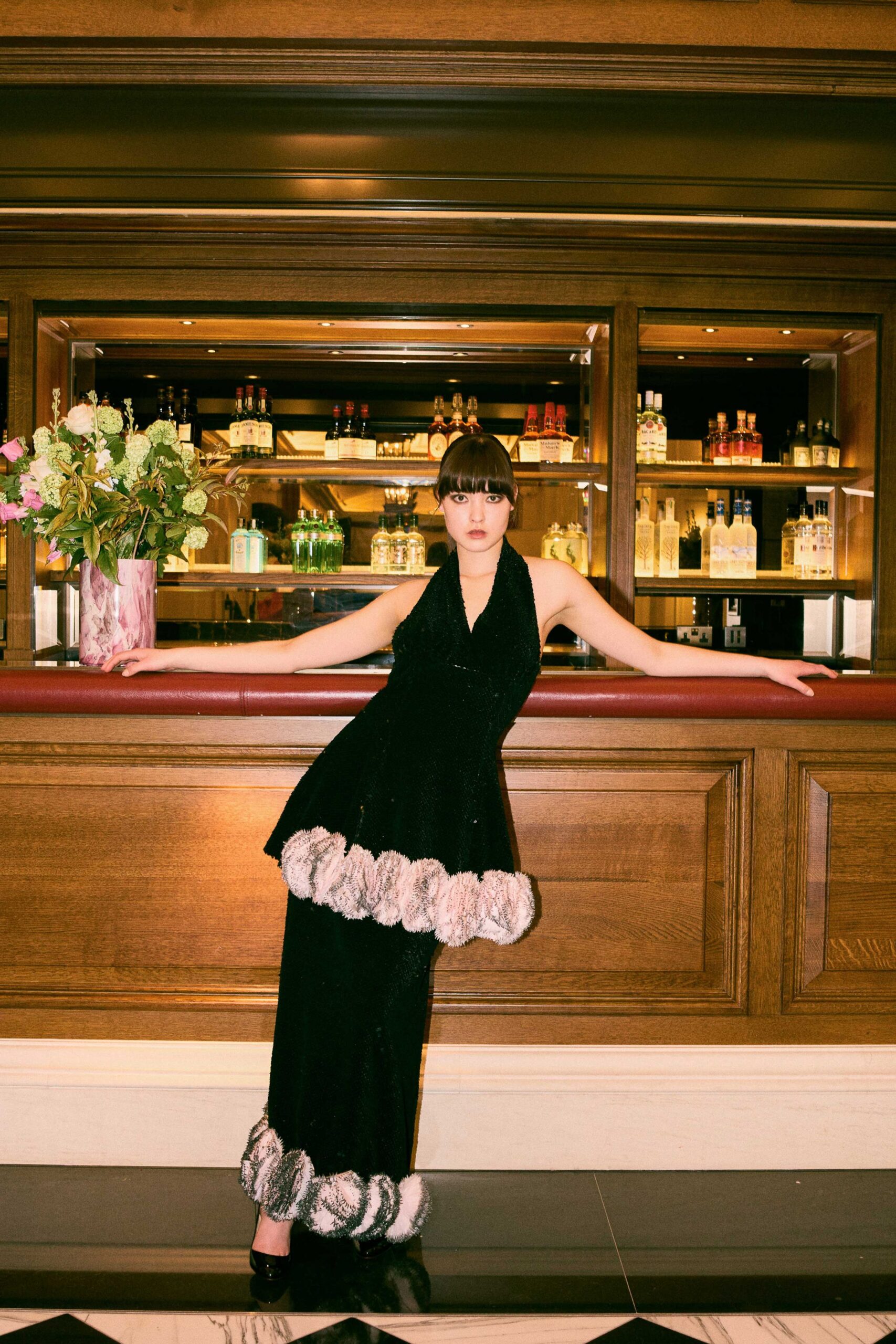 black silk sleeveless v-neck fitted ruffled tiered dress
