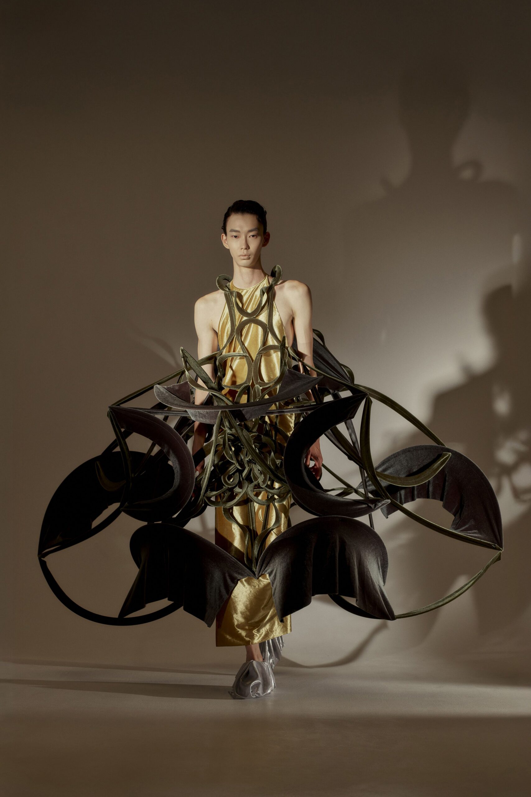 gold silk sleeveless high-neck fitted draped layered dress