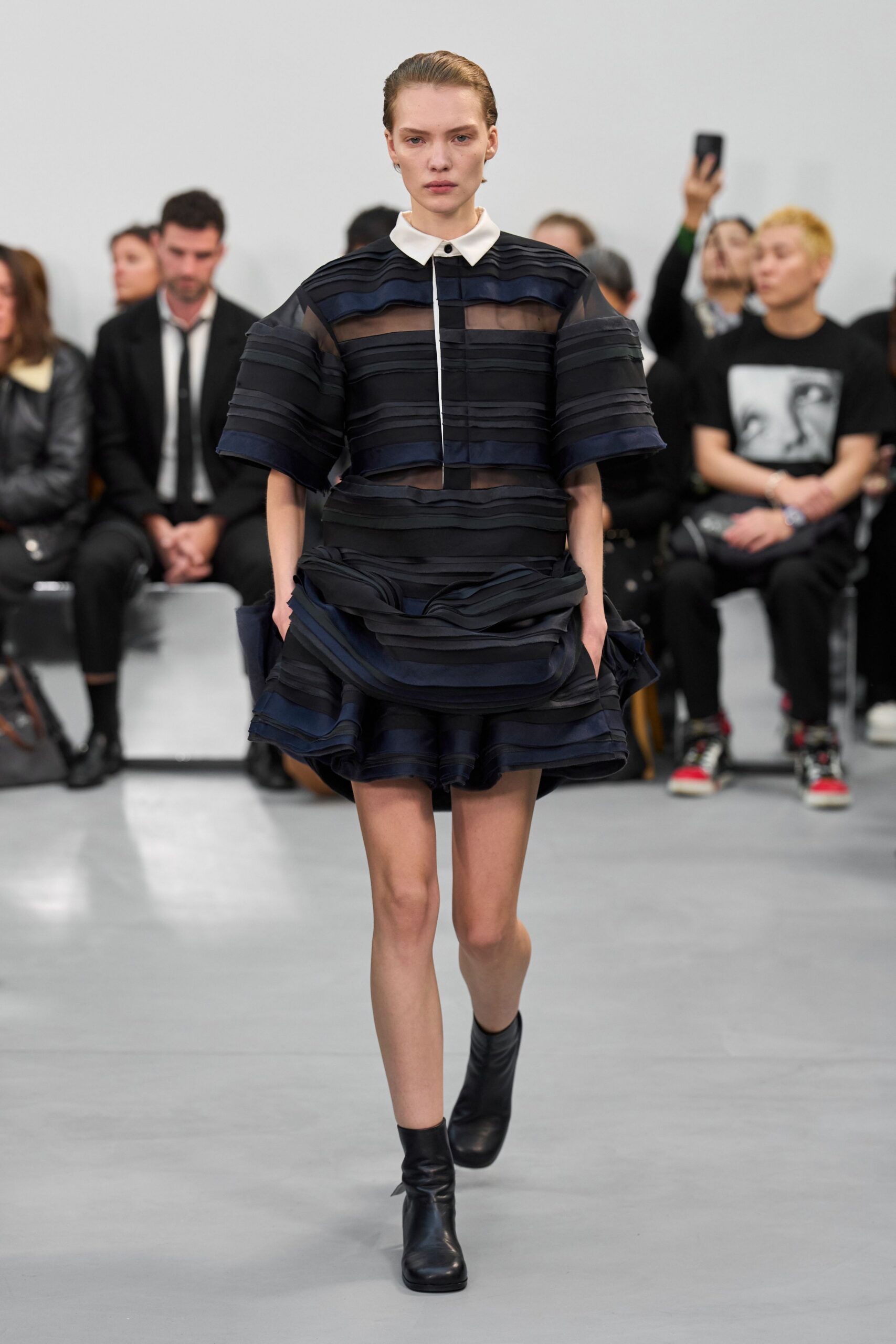 black silk short-sleeve collared fitted pleated layered dress