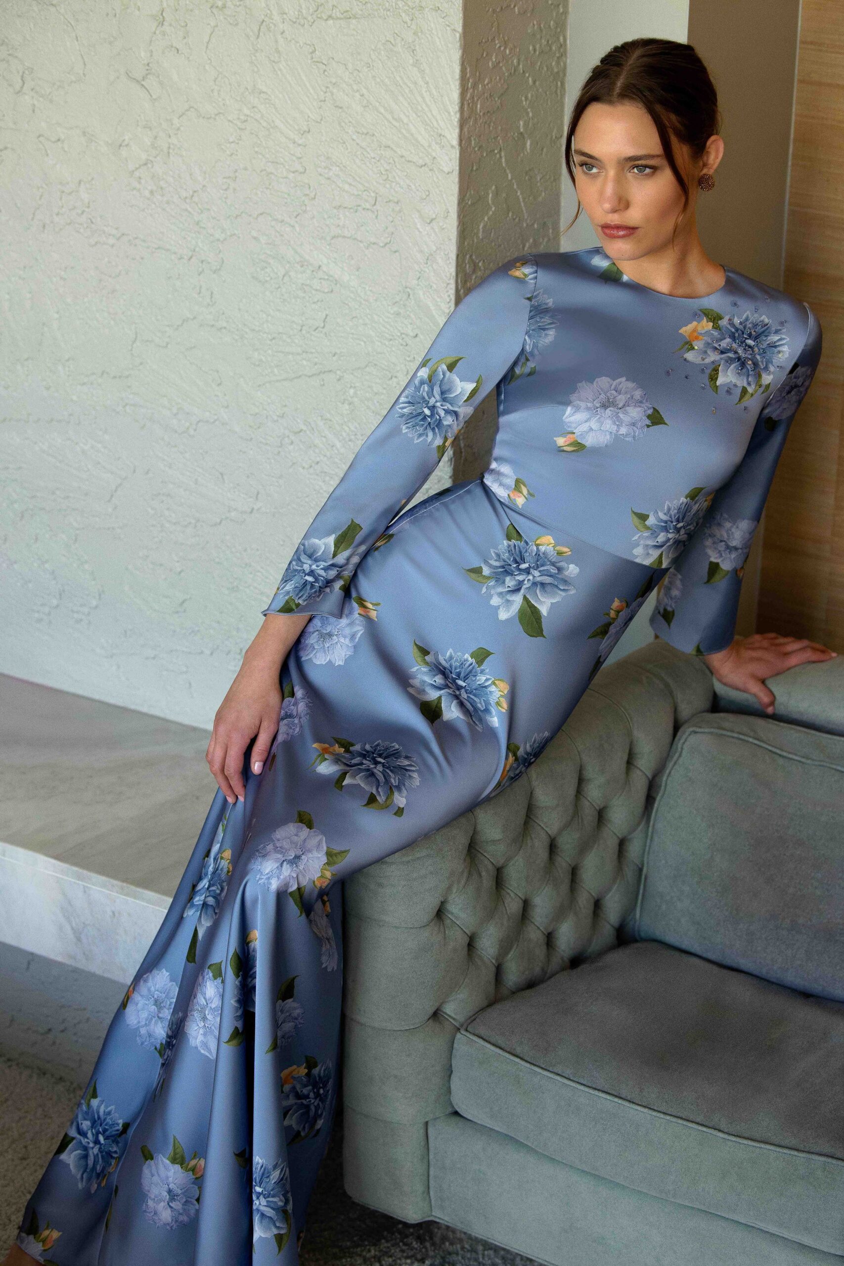 blue floral silk gown