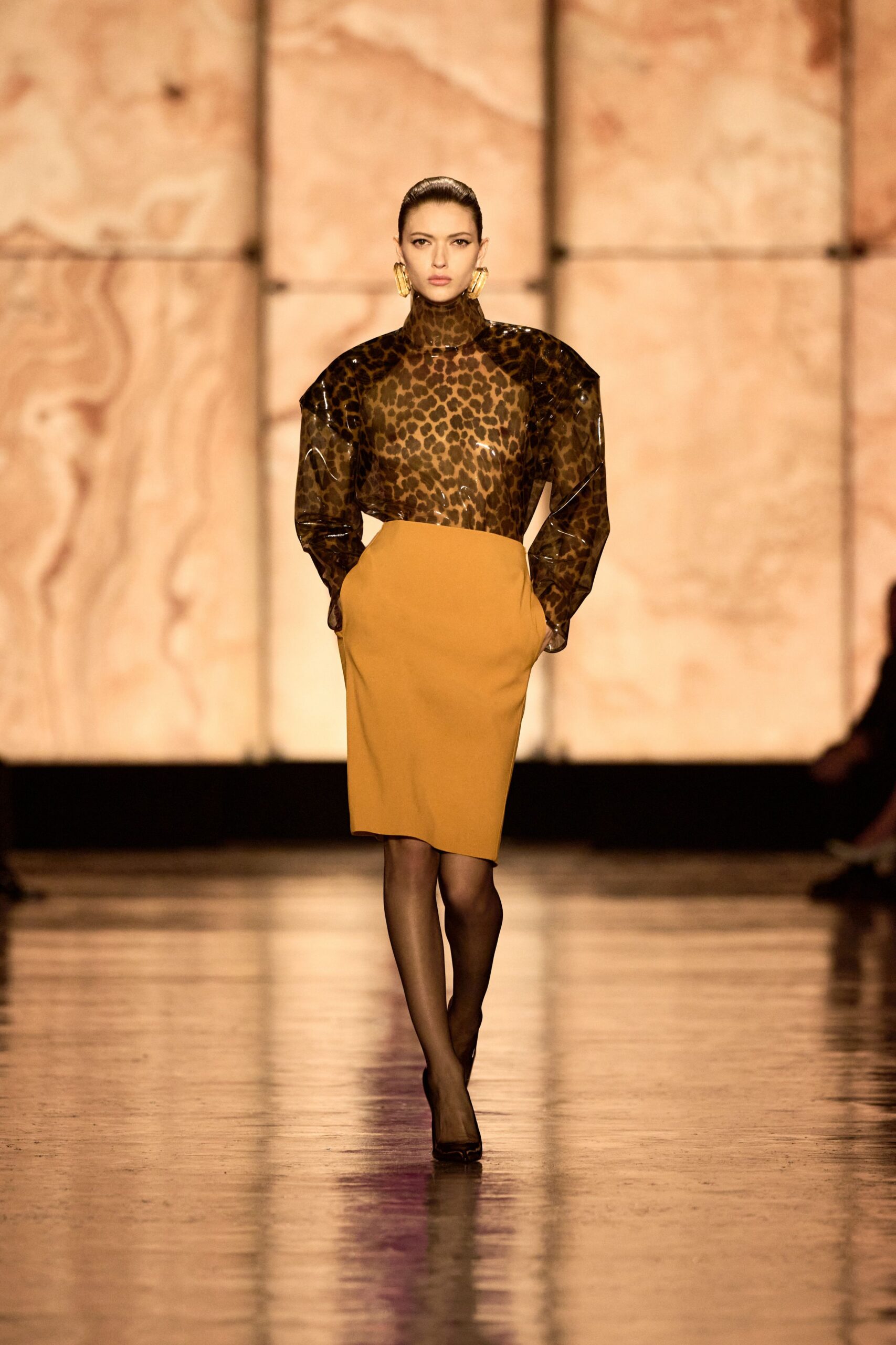brown silk long-sleeve high-neck fitted animal-print top