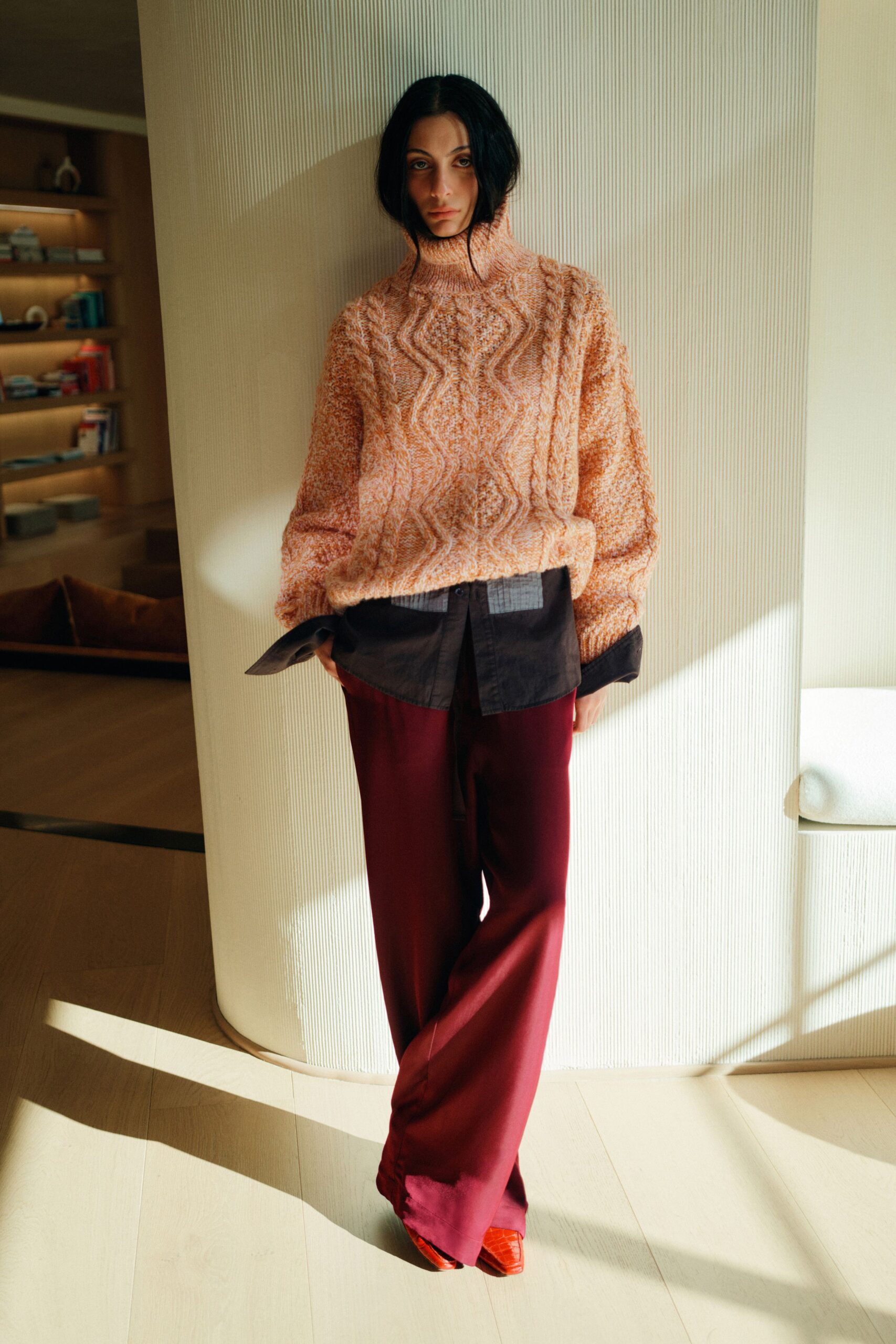 orange wool long-sleeve high-neck oversized textured sweater
