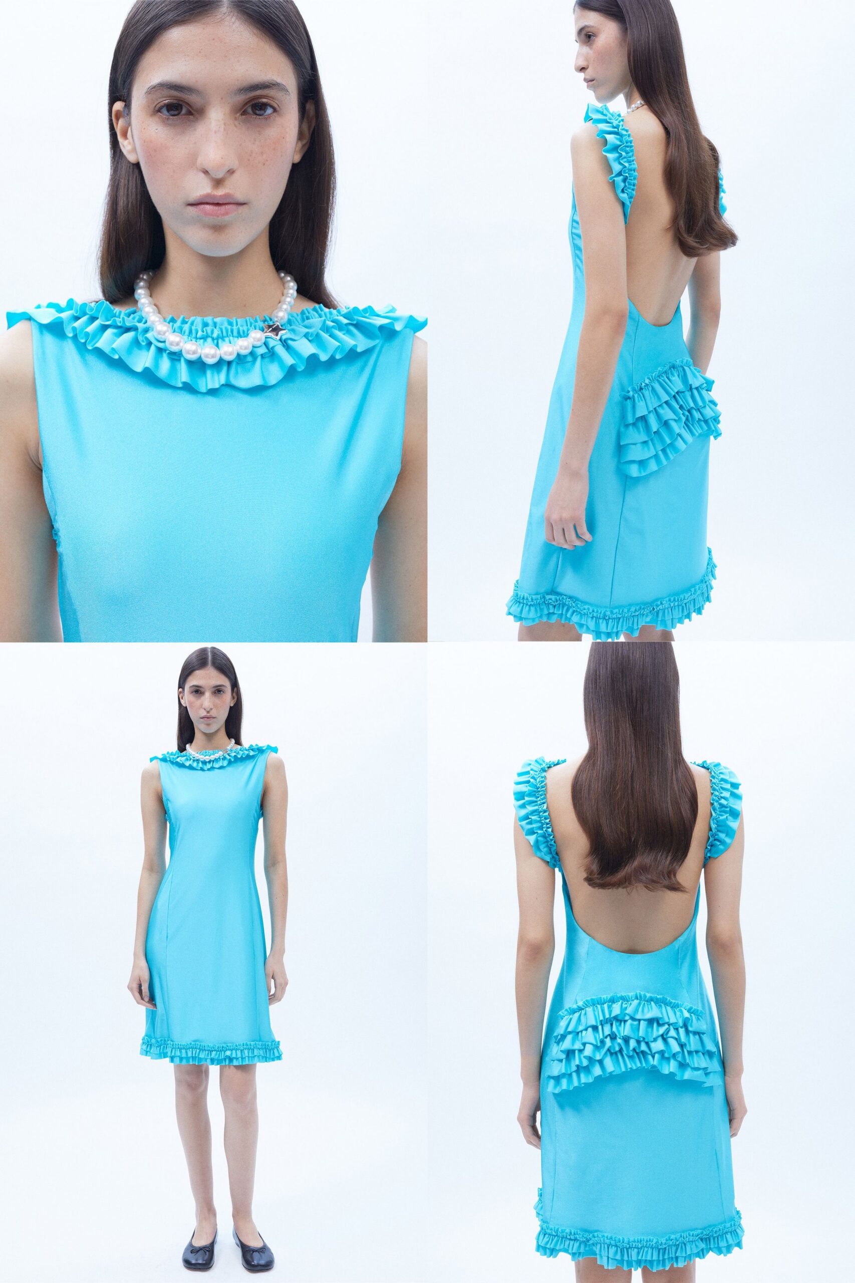 blue silk sleeveless v-neck fitted ruffled pleated dress