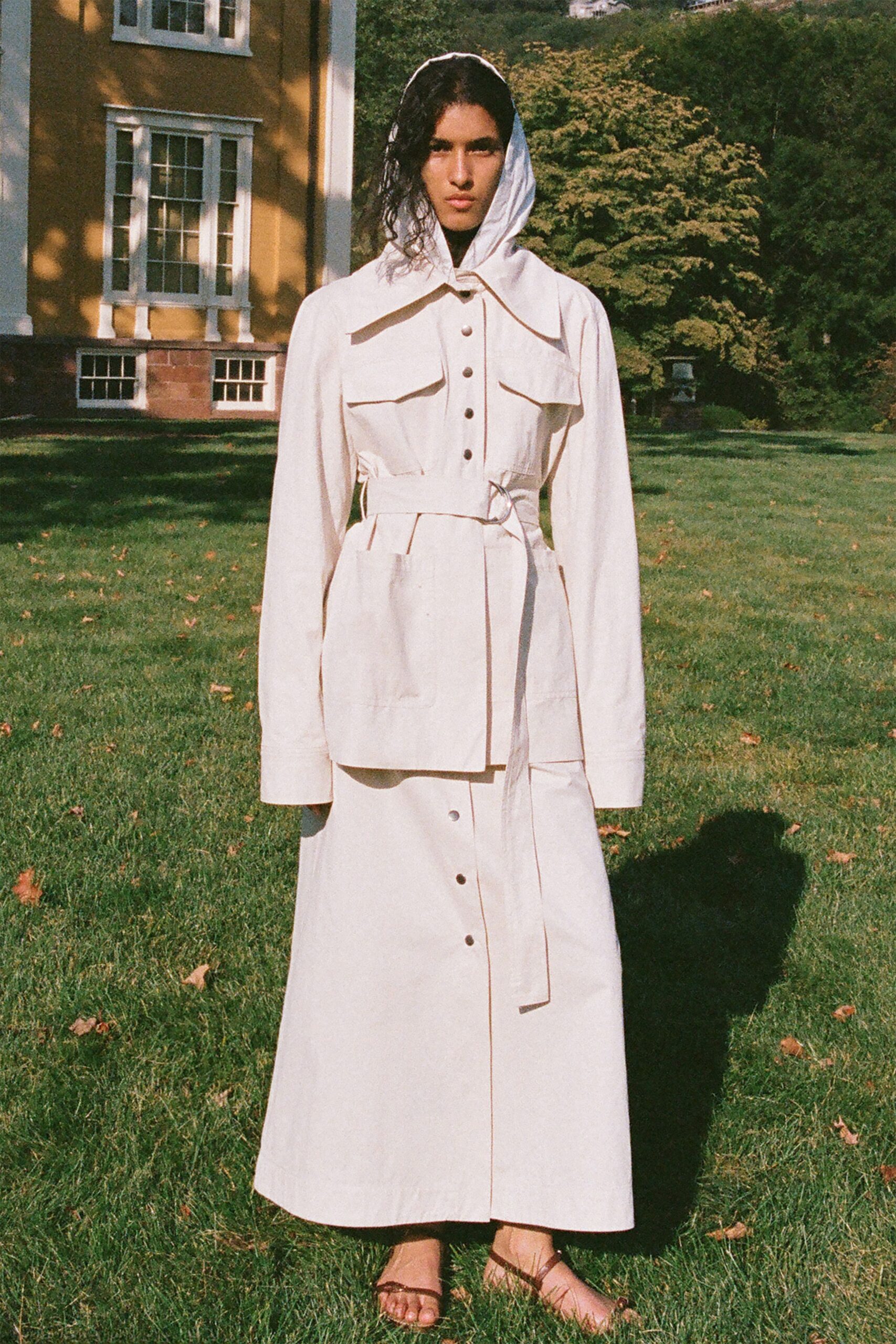 white cotton long-sleeve collared fitted buttoned belted dress