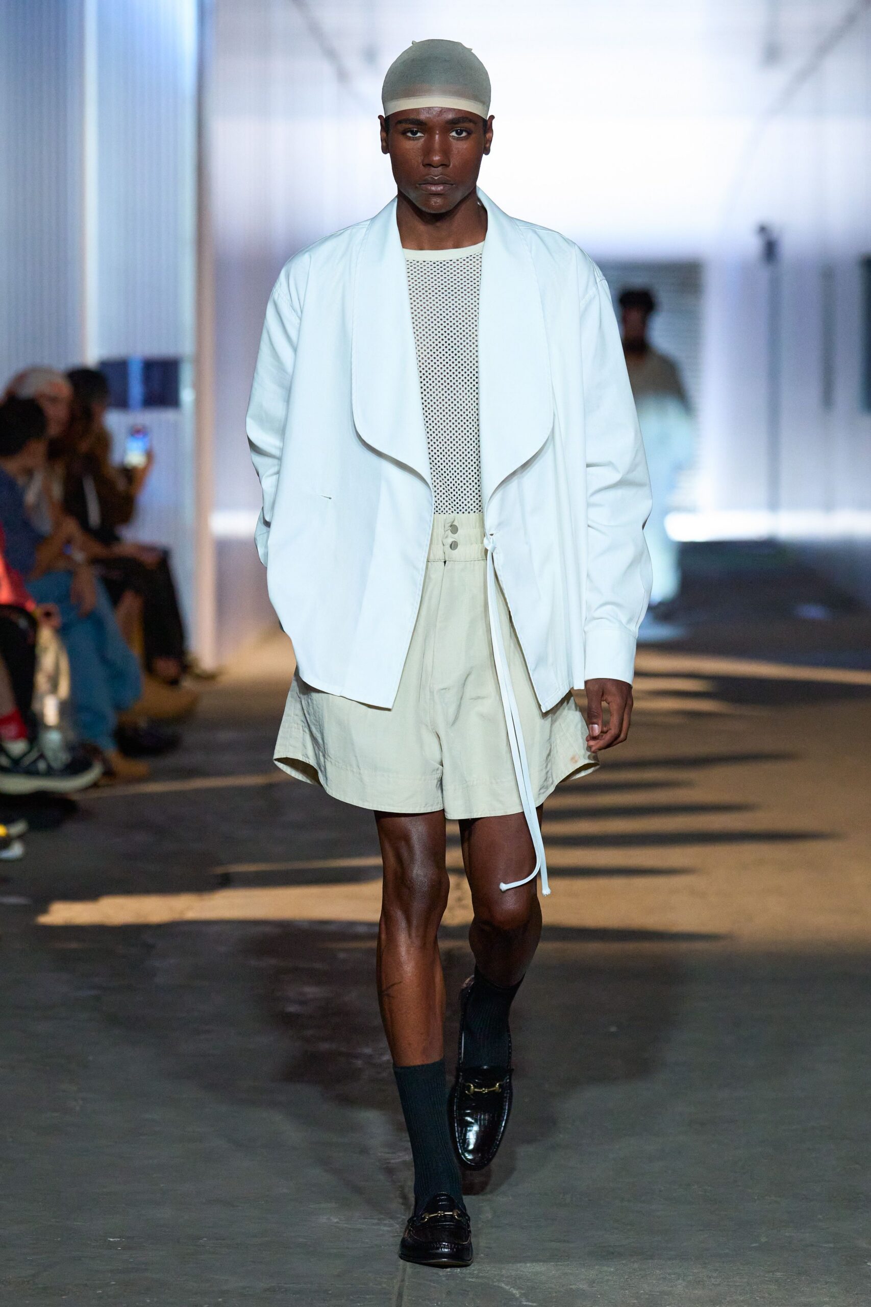 white relaxed jacket with gray mesh top