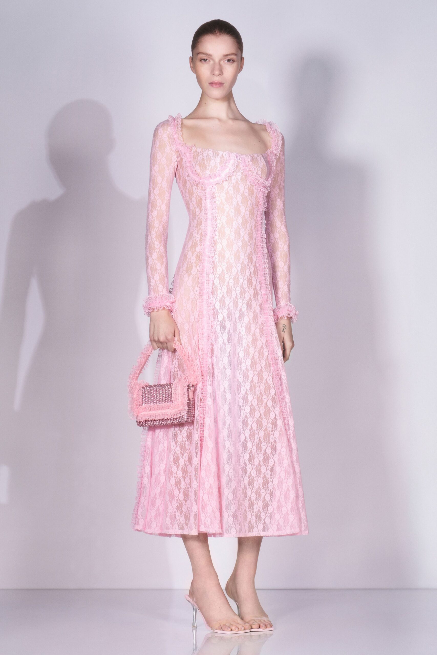 pink lace midi dress