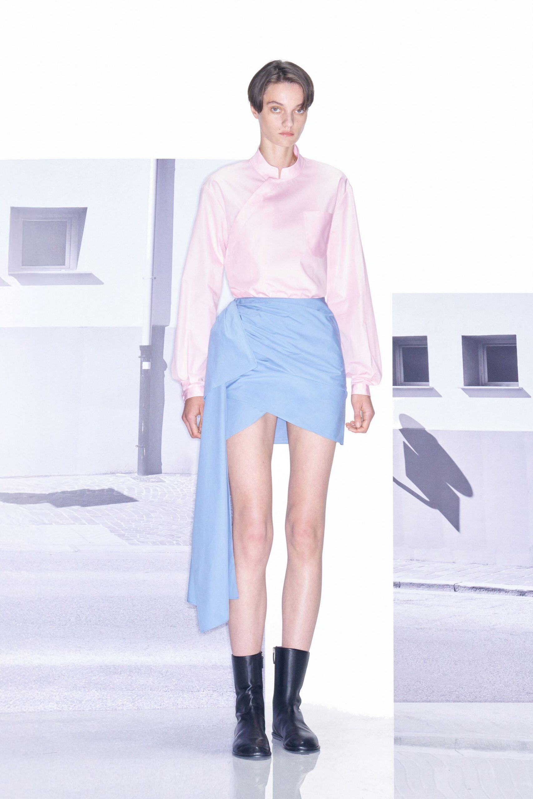 blue cotton asymmetric wrap fitted skirt