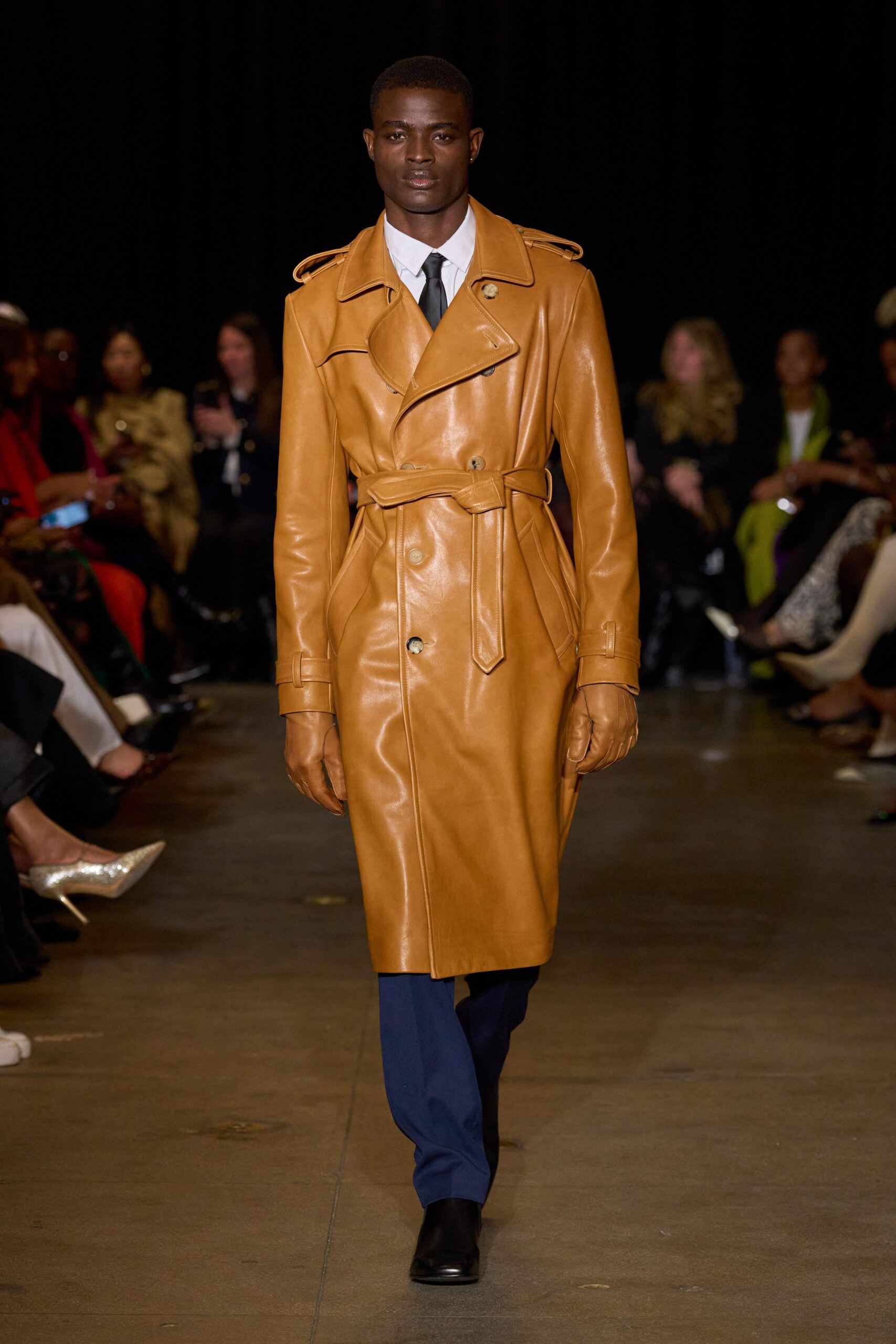 brown leather long-sleeve collared fitted belted trench